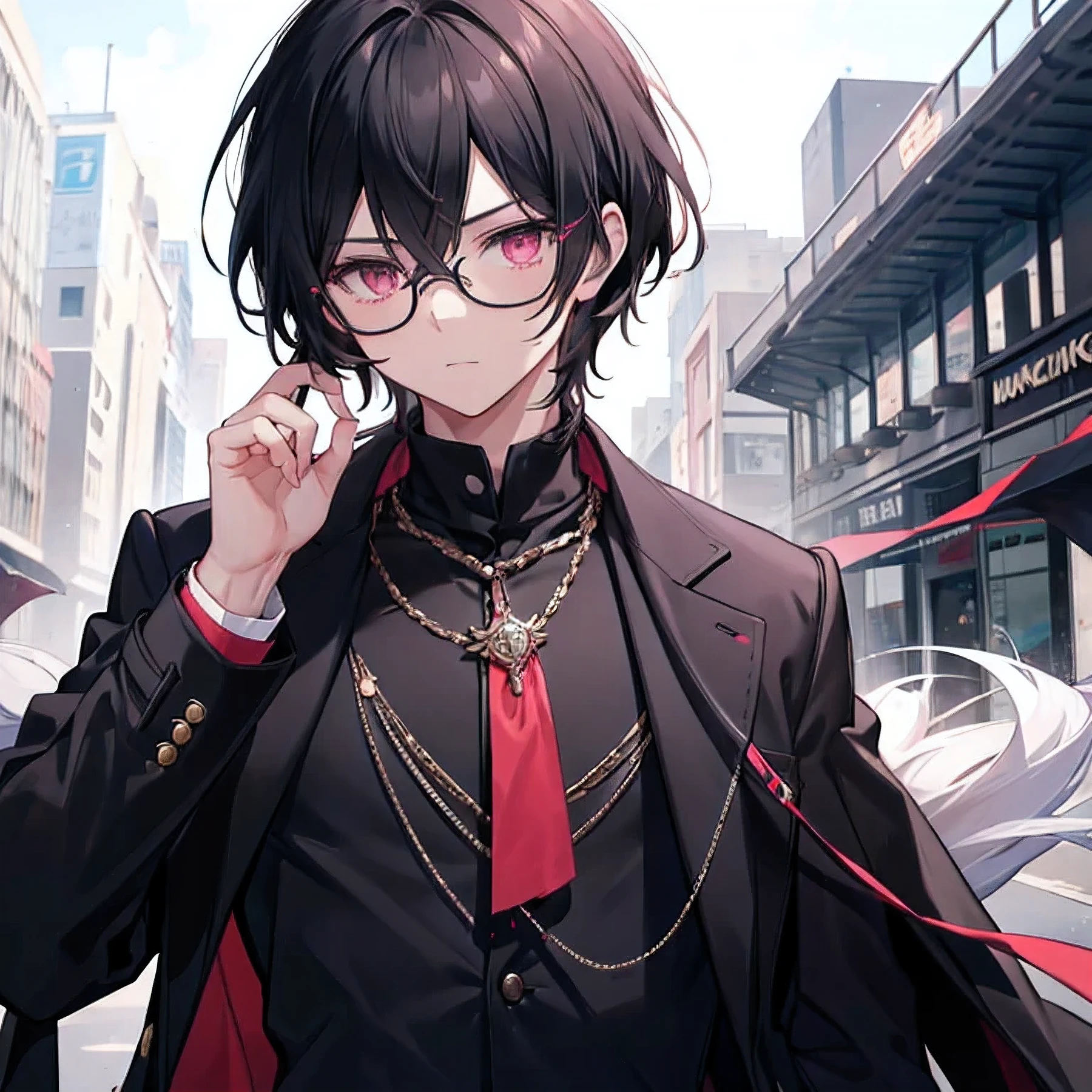 masterpiece，boy，black hair，medium length，A strand of hair hangs down to the chest，dark pink eyes，wearing glasses，Wear an overcoat，Detailed and accurate hand drawing