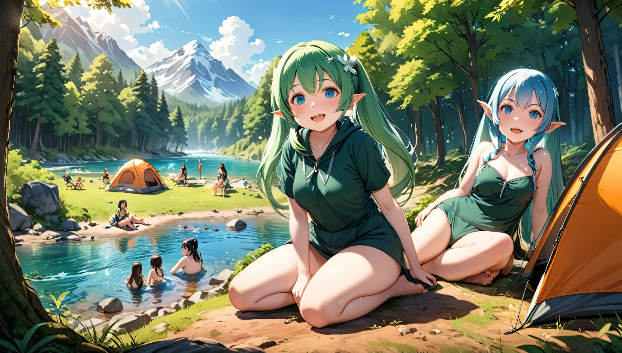 ((Masterpiece, highest quality)) , A beautiful elven girl, light blue hair,Hair style is twin tails, blue eyes,white skin, smile, fat  body type,breast, camping in nature, And multiple elven girls, light green hair, Wearing hunter-elf costume, looking at viewer, blush, smile, open mouth, bangs, hair between eyes, relaxing, outdoors, day, water, tree, tent, camping in nature