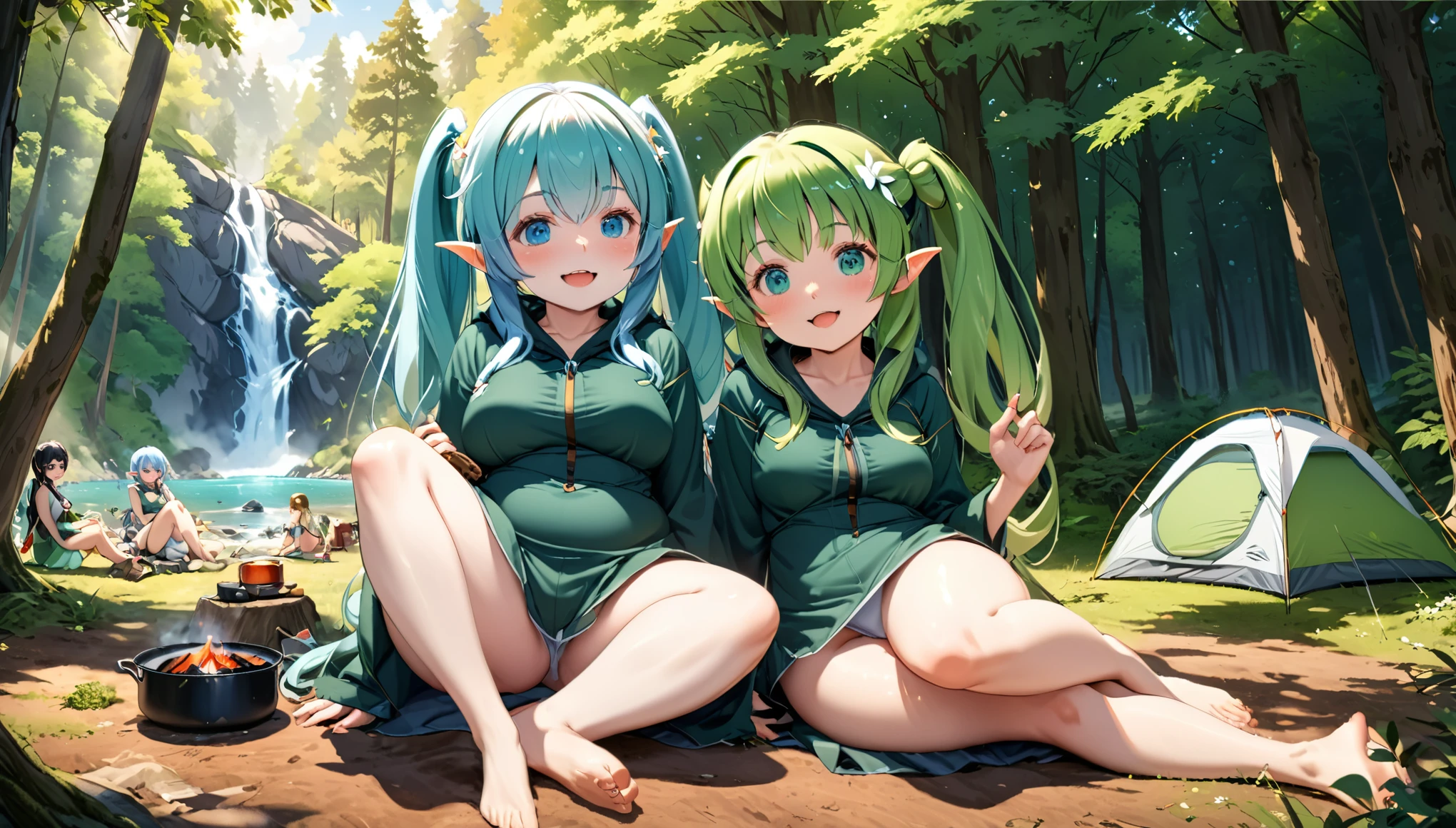((Masterpiece, highest quality)) , A beautiful elven girl, light blue hair,Hair style is twin tails, blue eyes,white skin, smile, fat  body type,breast, camping in nature, And multiple elven girls, light green hair, Wearing hunter-elf costume, looking at viewer, blush, smile, open mouth, bangs, hair between eyes, relaxing, outdoors, day, water, tree, tent, camping in nature