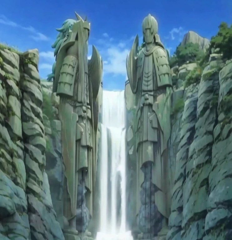 anime scene of a waterfall with statues in the middle of it, mushoku tensei, tensei shitara slime datta ken, in a anime masterpiece, still from anime, screenshot from the anime film, anime scene, today's featured anime still, hidari and vlop, anime masterpiece, ancient monument waterfall, anime screenshot, from naruto