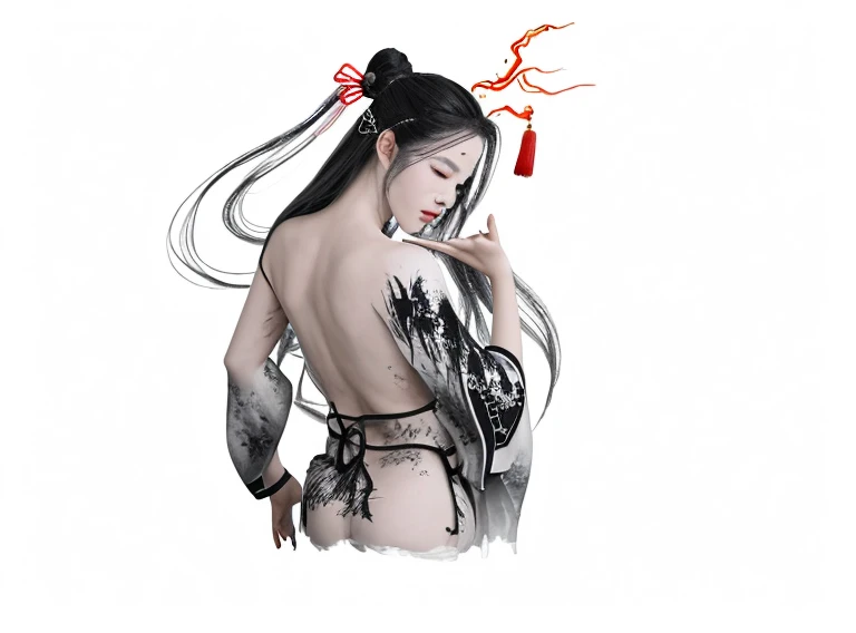 Detailed scene, Chinese style, Moderate:ink painting, Taoist messy long hair, Glowing special effects, surreal, Black and white ink style, Silver tones, Desaturate, Makeup is dirty, ink stain, 8K resolution, Ultra-fine details, high quality, oxygen.C. rendering),Three View,i.e. the positive picture,Rear view,side view