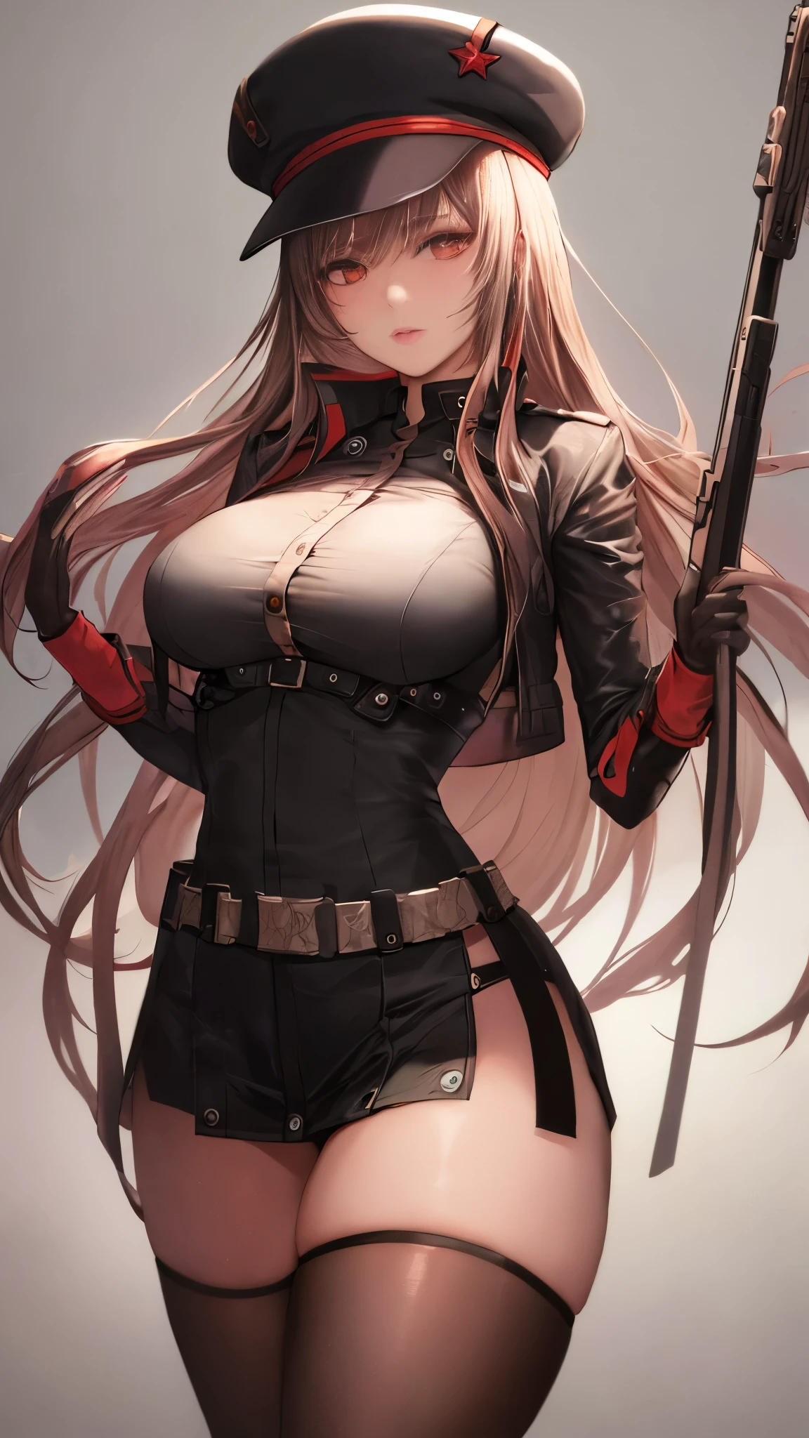 masterpiece, highest quality, ultra high resolution,1 girl, looking at the audience, the most beautiful face, smooth long hair, brown hair,silky hair,very beautiful skin, model body shape,perfect female body,(big breasts:1.2),long legs,pink lips,red face,perfect lighting,black cap,black stockings,assault rifle,