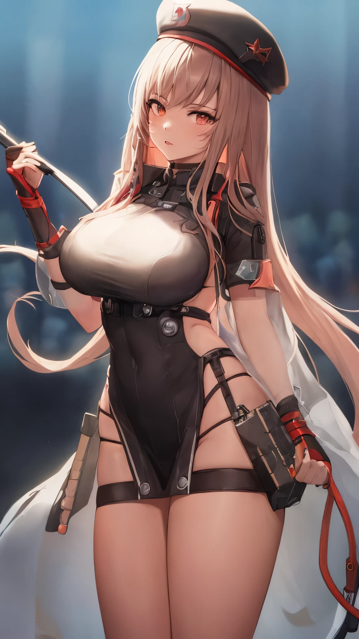 masterpiece, highest quality, ultra high resolution,1 girl, looking at the audience, the most beautiful face, smooth long hair, brown hair,silky hair,very beautiful skin, model body shape,perfect female body,(big breasts:1.2),long legs,pink lips,red face,perfect lighting,black cap,black stockings,assault rifle,