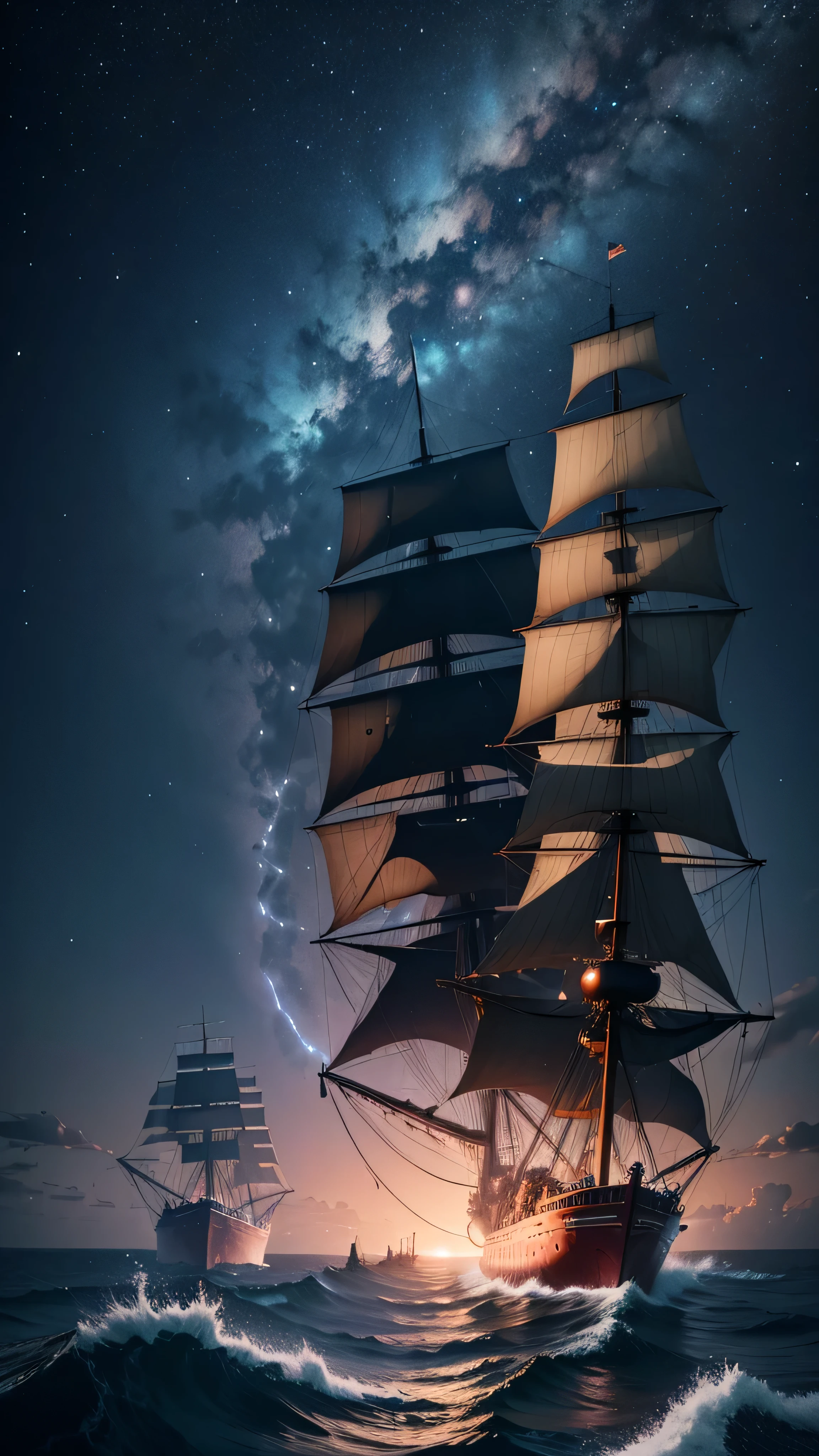 Collision of 3 ships, night sky, 8k, high quality