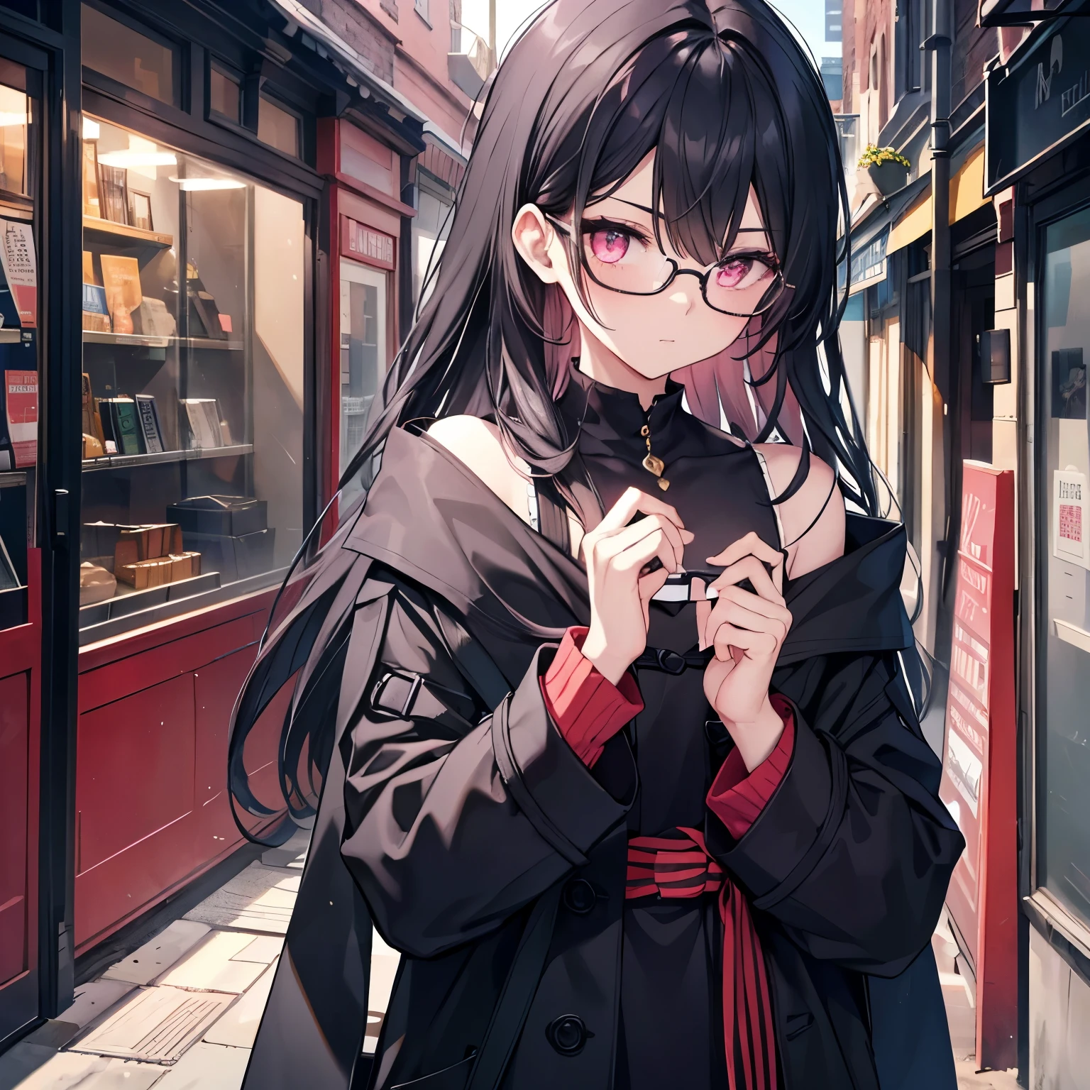 boy!black hair,length to shoulder,A bunch of hair hangs down to the chest,dark pink eyes,wearing glasses,Wear an overcoat,chic,The drawing of the hands is accurate and delicate