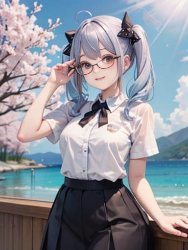 (masterpiece:1.2), (highest quality:1.2),, Curvy but slender body, perfect eyes, perfect face, perfect lighting, 1 girl,(（rainbow colored hair, colorful hair, Half white、half blue hair: 1.2）),  cherry blossoms、 Glasses、（Cute floral shirt），（whole bodyが見える），spring、（painted on steel、Transparent sexy clothes、polka dots、White lace skirt），curly hair, Clothes with short sleeves, 、sandy beach、heavy rain、In the sea、on the boat、, compensate, eye shadow, small breasts、thick eyelashes, fantasy, looking at the viewer, whole body，alice in wonderland、blue sky、Bright and beautiful face、young shiny glossy white shiny skin、the best beauty、the most beautiful in the world、thin hair、long hair、Shining beautiful bangs、big shining blue eyes、very beautiful and lovely 8 year old, the most beautiful girl in the world、long twin tails、赤色Glasses、a disappointed face、Waiting for a kiss、smile.（See-through、Fashionable underwear）