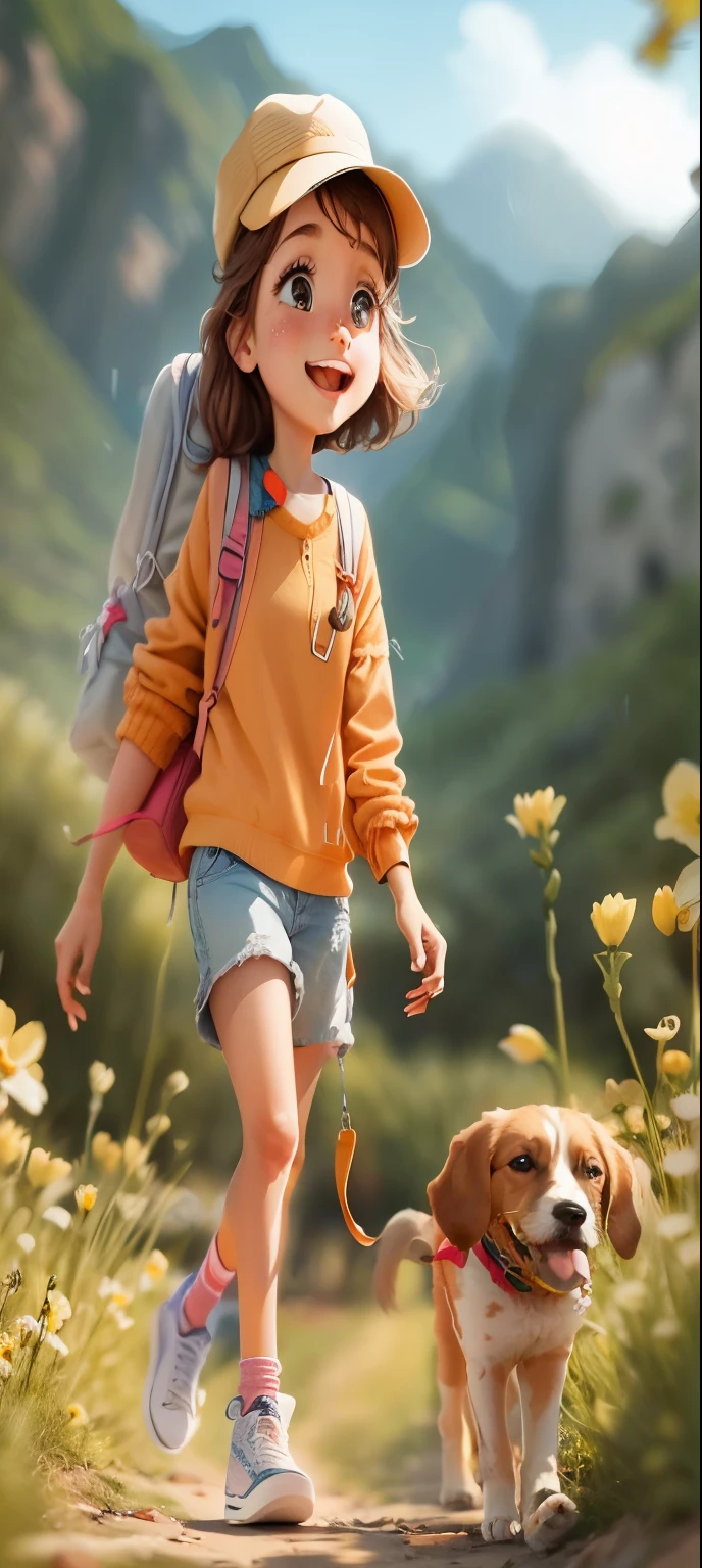 incitar: Uma garotinha incrivelmente charmosa carregando uma mochila, accompanied by her adorable puppy, desfrutando de um lindo passeio de primavera cercado por belas flores cor-de-rosa e paisagens naturais. The illustration is in high definition in 4k resolution, com recursos faciais altamente detalhados e visuais em estilo cartoon.