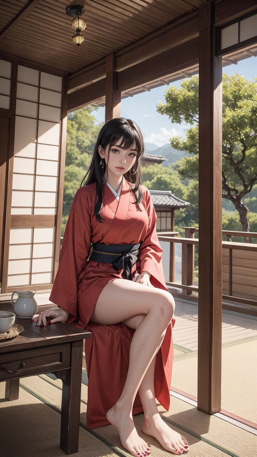 ((最high quality, 8K, masterpiece: 1.3, Ultra HD, high quality, 最high quality, High resolution, realism)) 、A stunningly beautiful 22-year-old Japanese woman、hair color is black、black eye、medium hair、straight hair、smile、Slender but well-proportioned muscular body、Athlete-like body type、I don't want my head to disappear from the screen.、Wearing red nail polish、I have a peticure、Sitting on the veranda of a Japanese house in the Japanese countryside、It's summer、A wind chime is hung in front of the eaves.、barefoot、Eating watermelon、A courtyard spreads out in front of the verandah.、wear a yukata