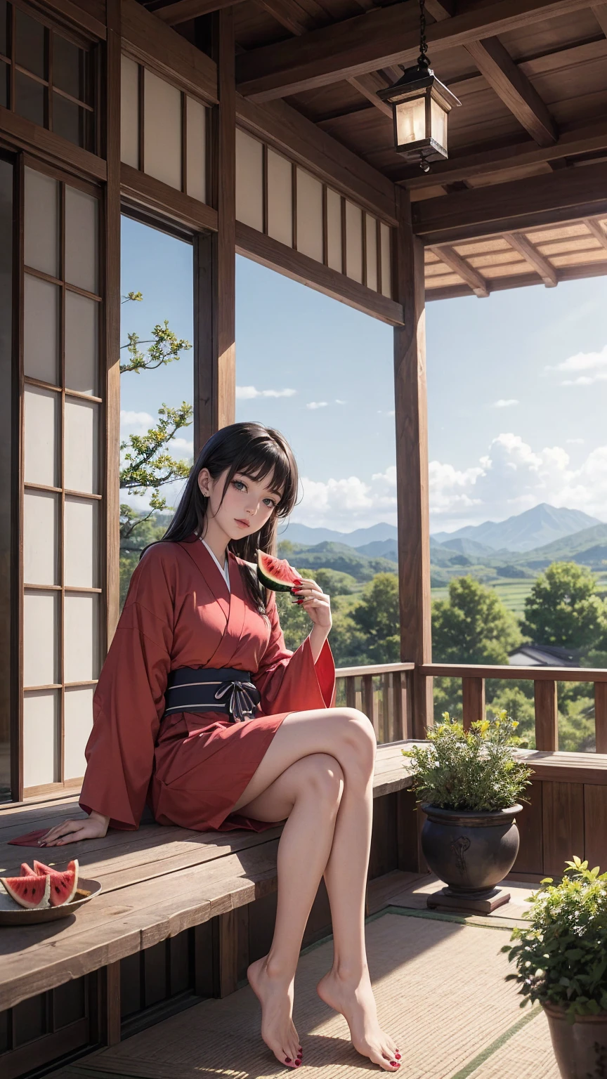 ((最high quality, 8K, masterpiece: 1.3, Ultra HD, high quality, 最high quality, High resolution, realism)) 、A stunningly beautiful 22-year-old Japanese woman、hair color is black、black eye、medium hair、straight hair、smile、Slender but well-proportioned muscular body、Athlete-like body type、I don't want my head to disappear from the screen.、Wearing red nail polish、I have a peticure、Sitting on the veranda of a Japanese house in the Japanese countryside、It's summer、A wind chime is hung in front of the eaves.、barefoot、Eating watermelon、A courtyard spreads out in front of the verandah.、wear a yukata