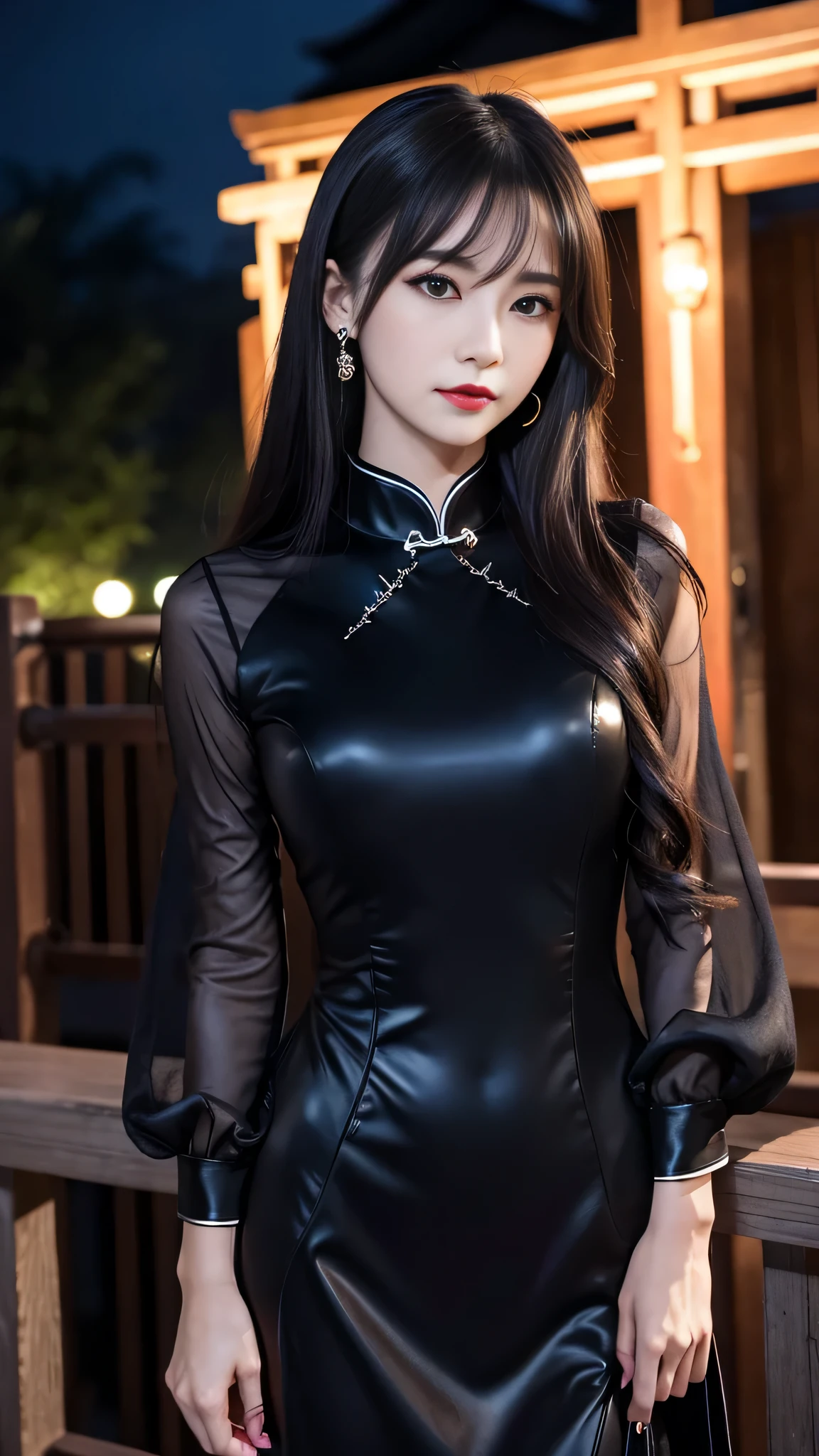 2girls、best quality、ultra-detailed、4k、Japanese、Seductive beauty、seductive adult woman、Pretty Woman、cool girl、Villainess、Brainwashed、brainwash、Fallen into evil、smirk、Evil look、Wicked Smile、evil、Brown hair、wavy hair、swept bangs、dark makeup、dark makeup、piercing eyes、hollow eyes,half-closed eyes、Hollow Eyes、Purple Eyeshadow、black lipstick、black lipglos、Long Black Cheongsam、Wide sleeves、night、inside church、makeup brush、Are standing、Be surprised
