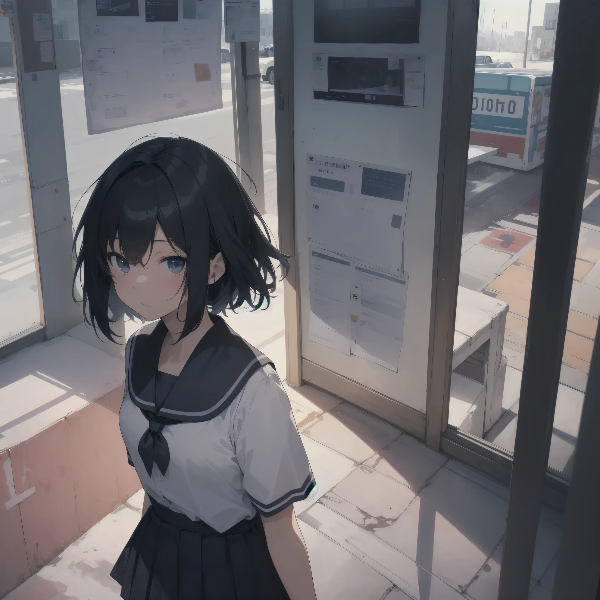 ultra-absurdres-Top quality by artist God, ultra-detailed, high resolution, anime moe artstyle, best anime 8k konachan wallpaper, pixiv contest winner, perfect anatomy,break, 1girl, (Please draw a girl walking sleepily to school alone. )break,(Solo,little female, 13-year-old:1.3),Full limbs, complete fingers,a junior high school student, Attractiveness of immature bodies, (very short hair), short cut, flat chest, , small butt, small black eyes, beautiful detailed eyes, well-proportioned iris and pupils, expressive eyes, highres detailed hair, soft expression, school_uniform, white shirt, pleated skirt,(Detailed Lighting), (Detailed background), in the School commute route. break,super detailed skin, Best cinematic lighting powered by famous artist, 8k,beauty illustration,photoshop_(medium),very aesthetic,break,((artist:fujiyama )), artist:akinashi_yuu ,artist:oyari_ashito ,artist:kantoku ,