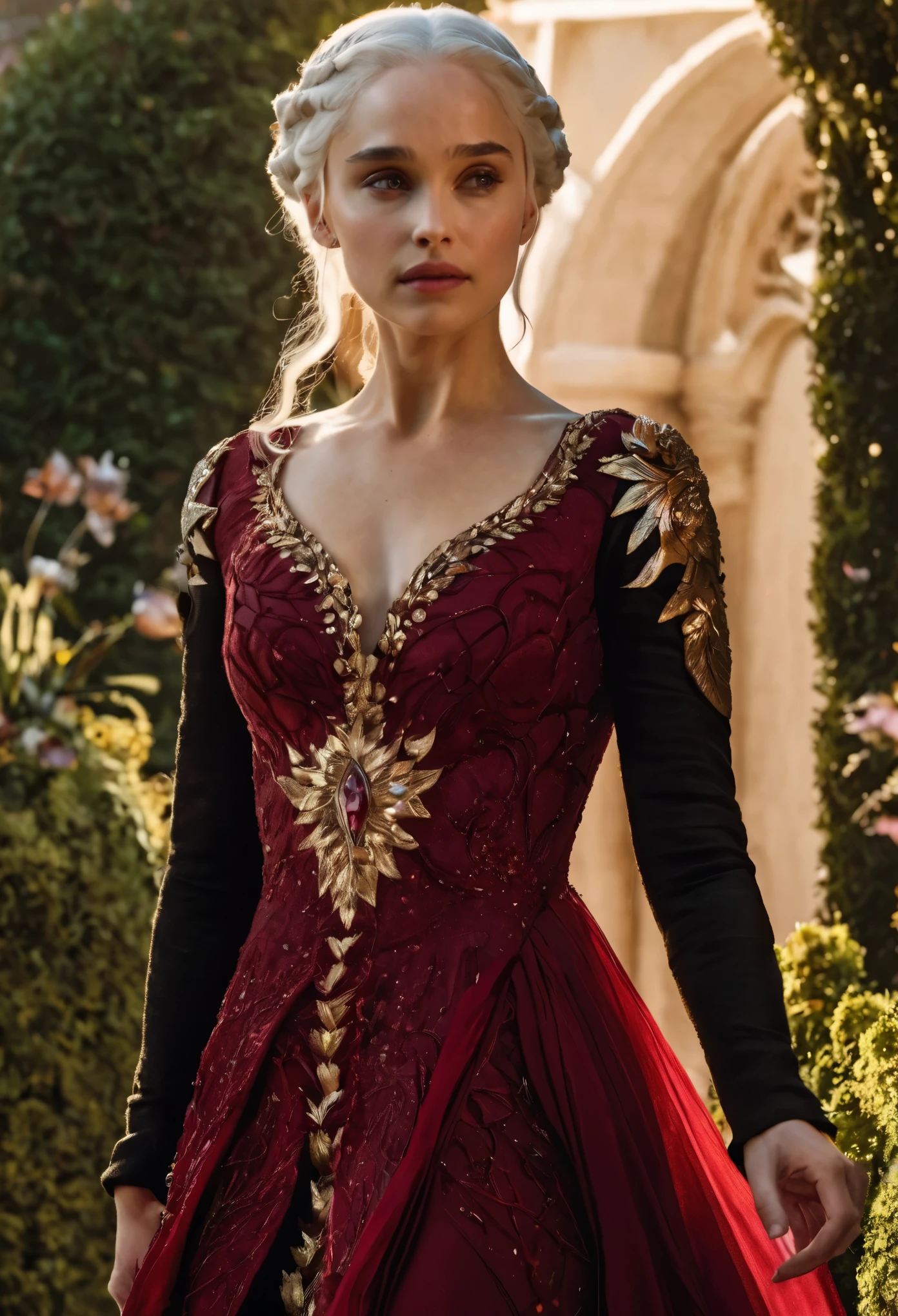 fantasy, princess Targaryen, full-length, garden, girl, with white hair, face looks like Daenerys|Natalie Portman, in a red and black dress embroidered with gold threads of rubies and diamonds with her eyes open, hd