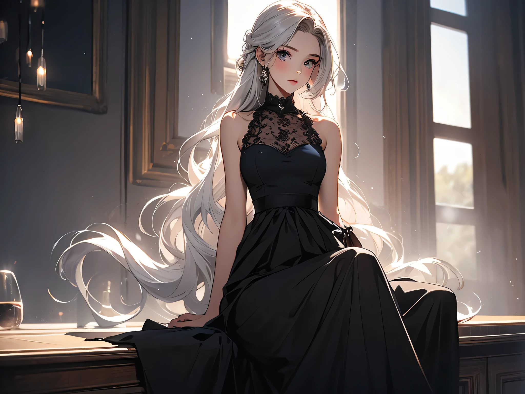 1 girl(1.5),25 year old girl(1.2),long hair,white hair,big eyes,black dress