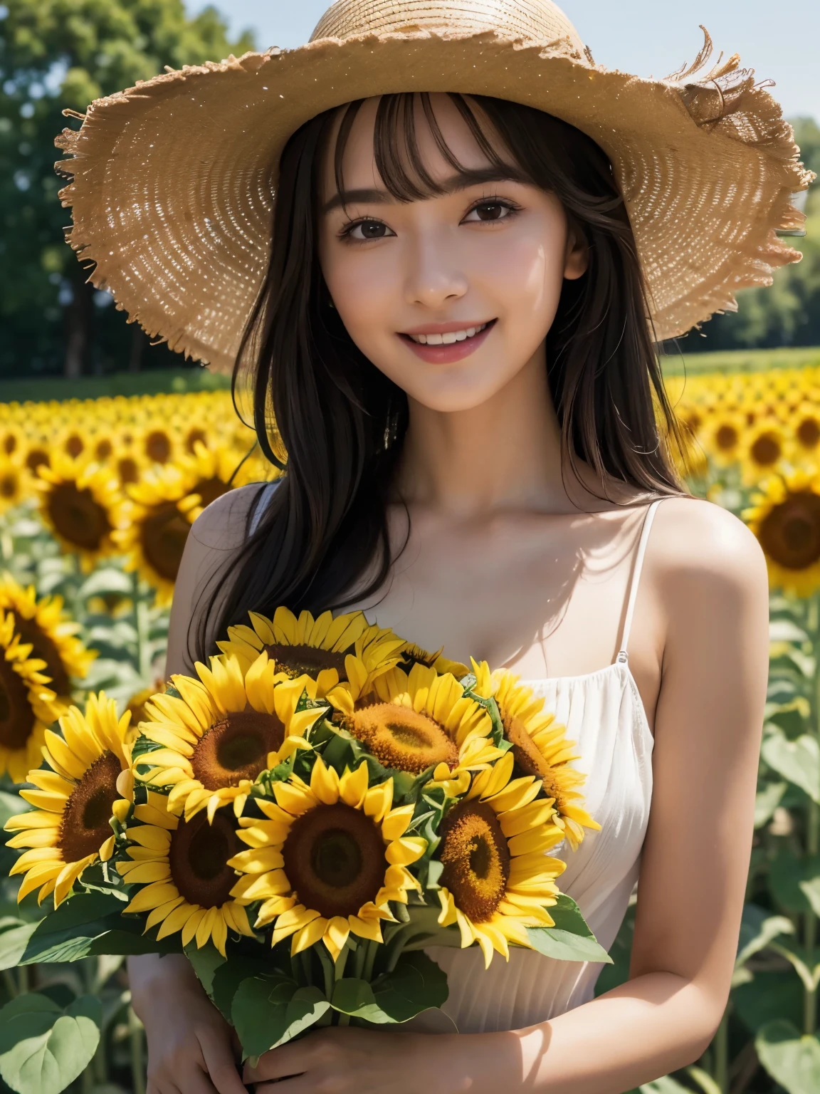 (highest quality,masterpiece:1.3,ultra high resolution),(Super detailed,caustics),(realistic:1.4,RAW shooting),1 girl,flat bangs、look at the camera with a smile、Blurred background、(colorful、bouquet), (Vibrant color saturation), sunflower field、Surrounded by sunflowers、big straw hat