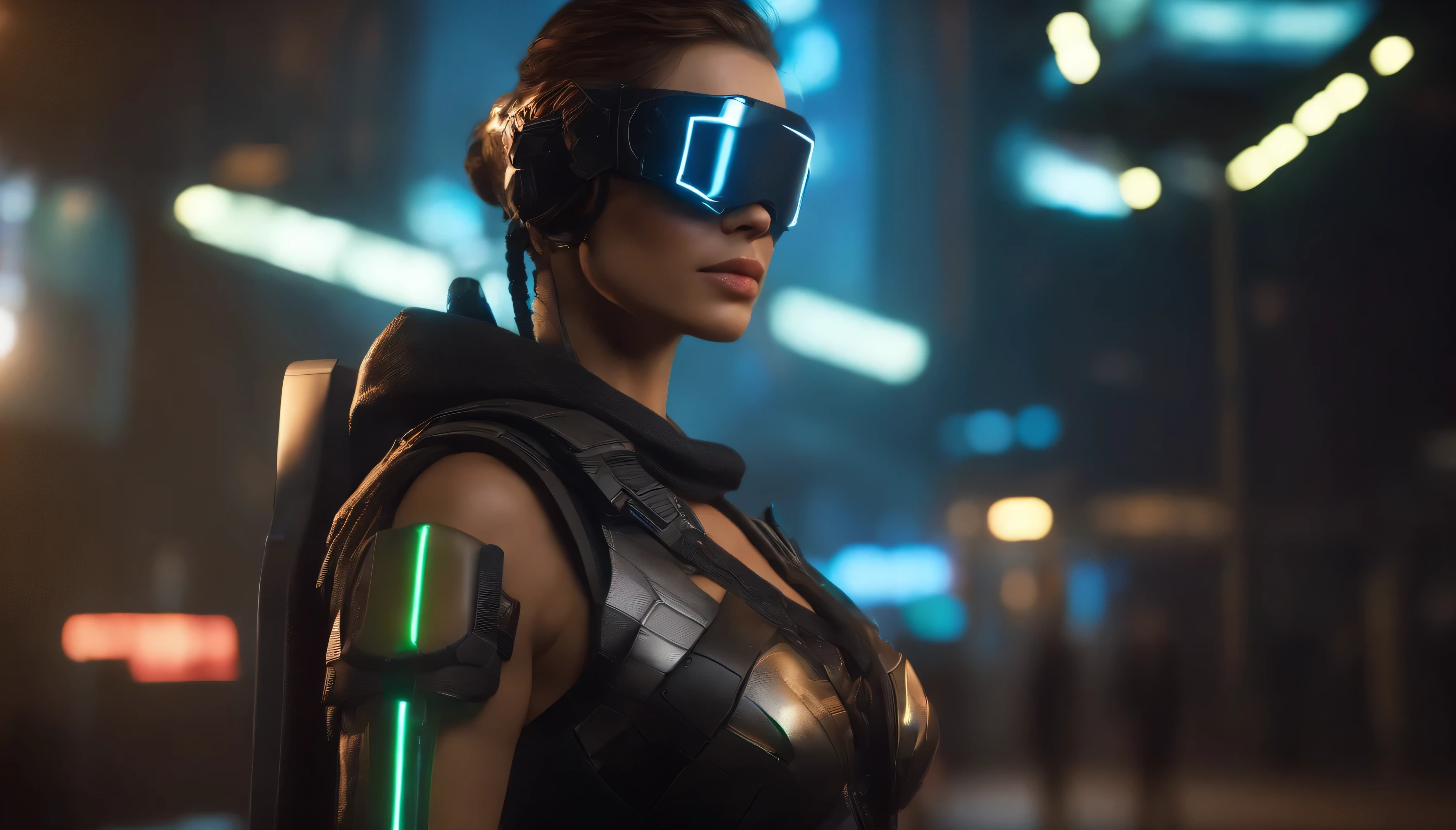 ((Best quality)), ((masterpiece)), (highly detailed:1.3),beautiful cyberpunk woman with big thighs and holding gun,(wearing head-mounted display that is chunky and hi-tech with neon lights:1.2),wearring a cape,computer hacking,computer terminals,soft glow from neon lights,micro-electronics,computer servers, LCD screens, fibre optic cables, corporate logos,vibrant colours,HDR (High Dynamic Range),Ray Tracing,NVIDIA RTX,Super-Resolution,Unreal 5,Subsurface scattering,PBR Texturing,Post-processing,Anisotropic Filtering,Depth-of-field,Maximum clarity and sharpness,Multi-layered textures,Albedo and Specular maps,Surface shading,Accurate simulation of light-material interaction,Perfect proportions,Octane Render,Two-tone lighting,Low ISO,White balance,Rule of thirds,Wide aperature,8K RAW,Efficient Sub-Pixel,sub-pixel convolution,luminescent particles,light scattering,Tyndall effect,after apocalypse futuristic gaming scene