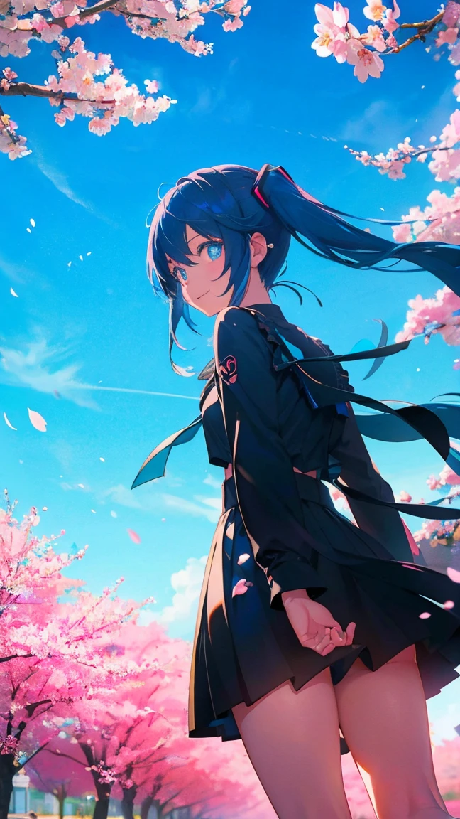 1 anime girl, alone,Black petals flutter, A mysteriously shining butterfly.city,bright blue hair,blue gem eyes,Hatsune Miku,twin tails,thin legs,very clear,highest quality,smile,close up of face,cherry blossoms,look up at the sky,blue sky,close both eyes,blown by the wind