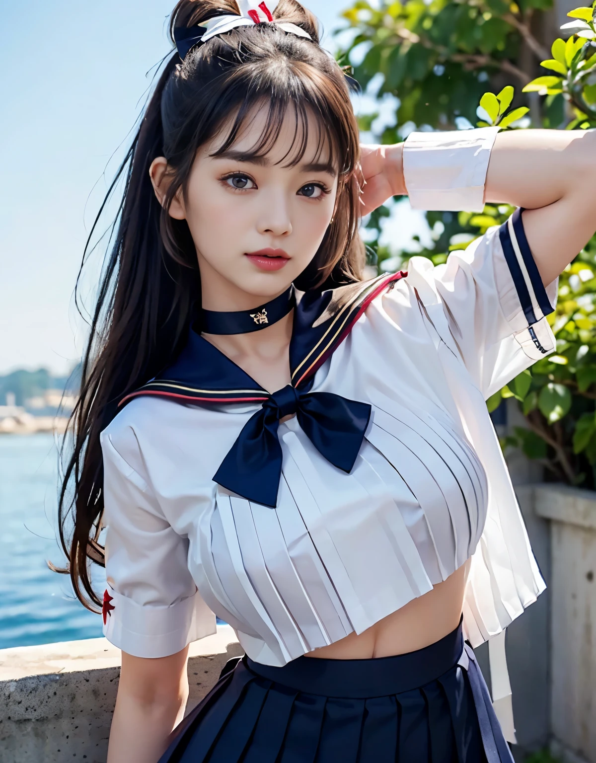 (((very heavy chest))),NSFW, 16k raw photos, highest quality, masterpiece, ultra high resolution, ((She is wearing Beautiful exposed redShe is wearing (a high school sailor uniform).
(navy sailor collar:1.4),(white shirt:1.4),(navy pleats skirt:1.4),(navy bow:1.4))).movie, 1 girl,((attractive expression)),eyes shine、 looking at the viewer, natural skin texture very heavy chest))),((( metal black ribbon around the neck))).star handle mold、((yellow eyes)),Realistic eye and face details, lip whole, lipstick makeup), fluffy ponytail hair, laughter, Beautiful feet, tall woman, ((glowing skin)),((Beautiful armpit)), slim_feet, huge breasts, cleavage, beautiful natural places, beautiful flower garden、(detailed background,highly exposed, huge breasts, blurred background,, JK ribbon on the neck, jk ribbon, golden hair, bracelet, water, bangs, split your lips、armpit、beautiful hip line、glowing skin、(((eyes shine brightly))),lotion skin、High leg、((black hair)),highly exposed、Skimpy pink luxury fur coat、beautiful sea background、wind effect、