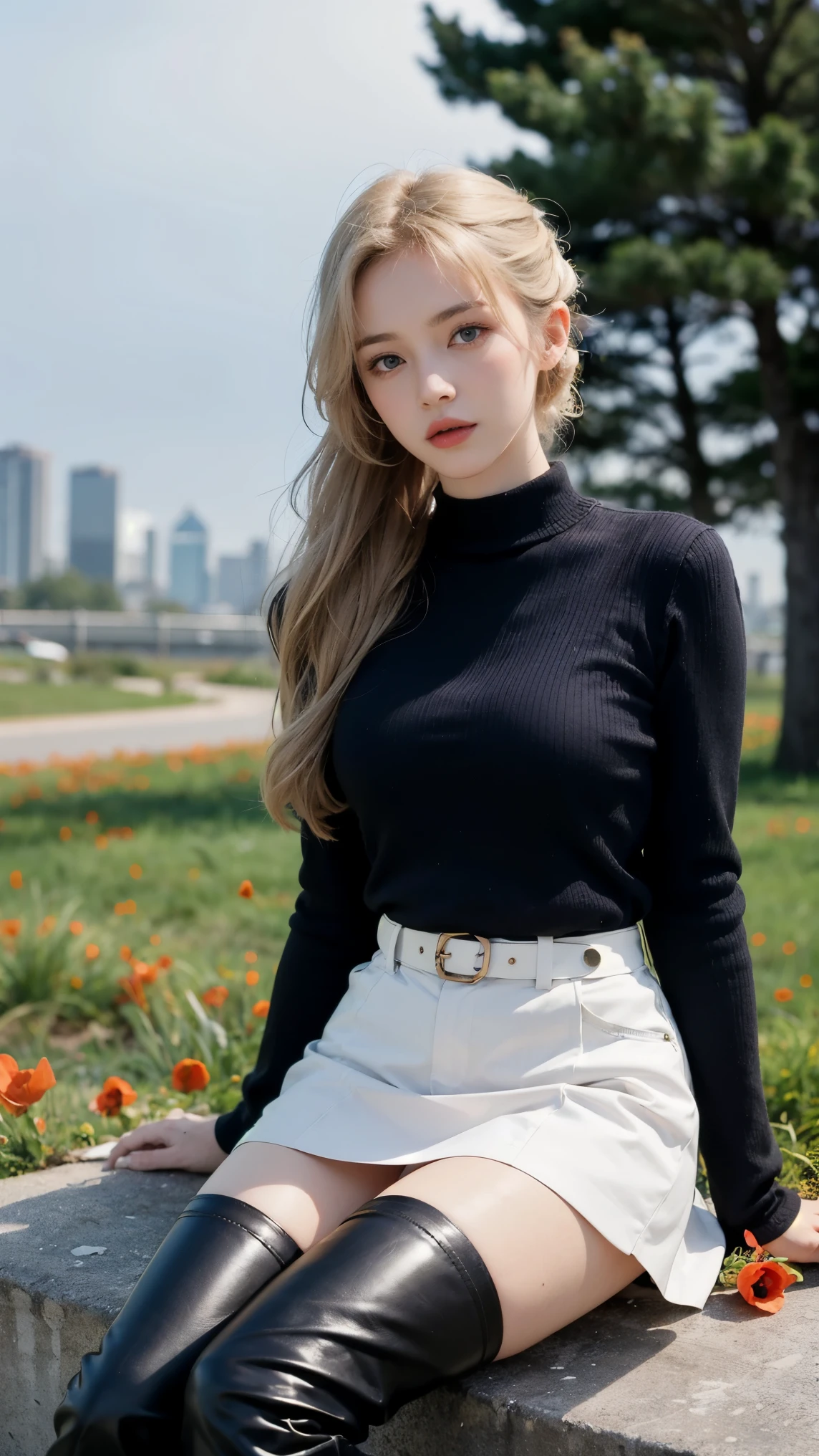 1girll, Charming Russian model Nata Lee, Long light blonde hair, dress, hair adornments, view the viewer, Mature female, Cityscape, Night, upper legs, clothing cutout, bangs, White skirt, ponytails, Cowboy shot, Long sleeves, belt, Blue eyes, Makeup, Blush, Black thigh boots, Armor, jewelry, Pedras preciosas, Overgrown with poppies, Natural skin texture, 4K textures, hdr, Intricate, Highly detailed, Sharp focus, Cinematic look, Describe the hand in detail, Sitting in the yard, Slender legs, Wear high heels.