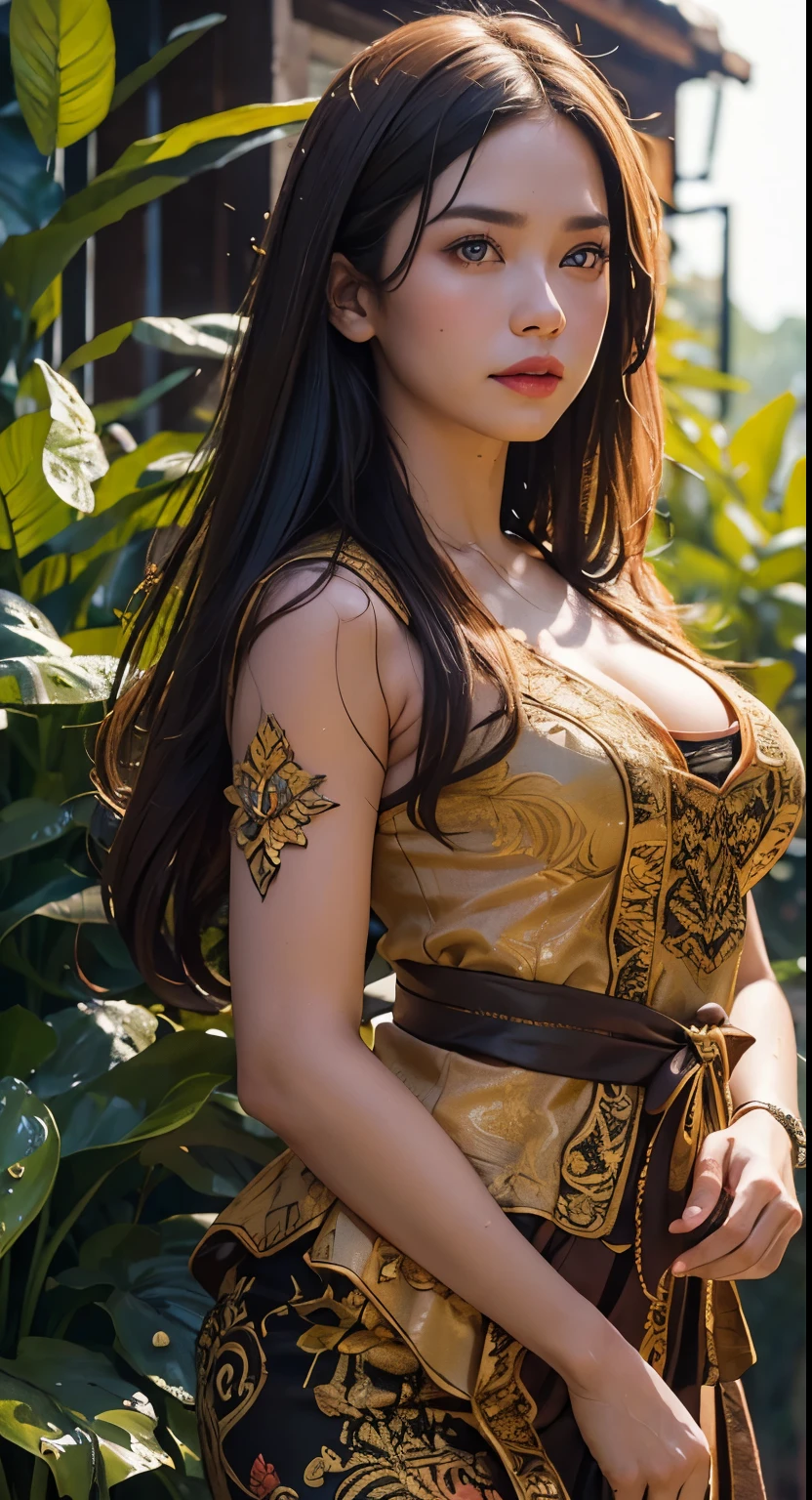 1 Indonesian-Dutch girl, 37 years old, long fashion hair, fit body, small cleavage, skintight black lace kebaya, batik skirt, highly detailed, ultra hd, 8k, detailed face, bright eyes, perfect eyes, detailed lips, sexy lips, perfect hands, dynamic angle, cowboy shot, (hyperrealistic), (illustration), (high resolution), (8K), (extremely detailed), (best illustration), (beautiful detailed eyes), (best quality), (ultra-detailed), (masterpiece), (photorealistic), (natural light), (detailed face), (high detailed realistic skin texture), (anatomically correct), (solo), (high detailed realistic hair), (caramel hair), (heterochromic eyes), (detailed eyes), (brown eyes), (realistic big breasts), (slender abs), (dynamic pose), (closed tiny mouth), (concentrated expression), (dimple), (a girl playing in the garden), (wet clothes), (transparent clothes)