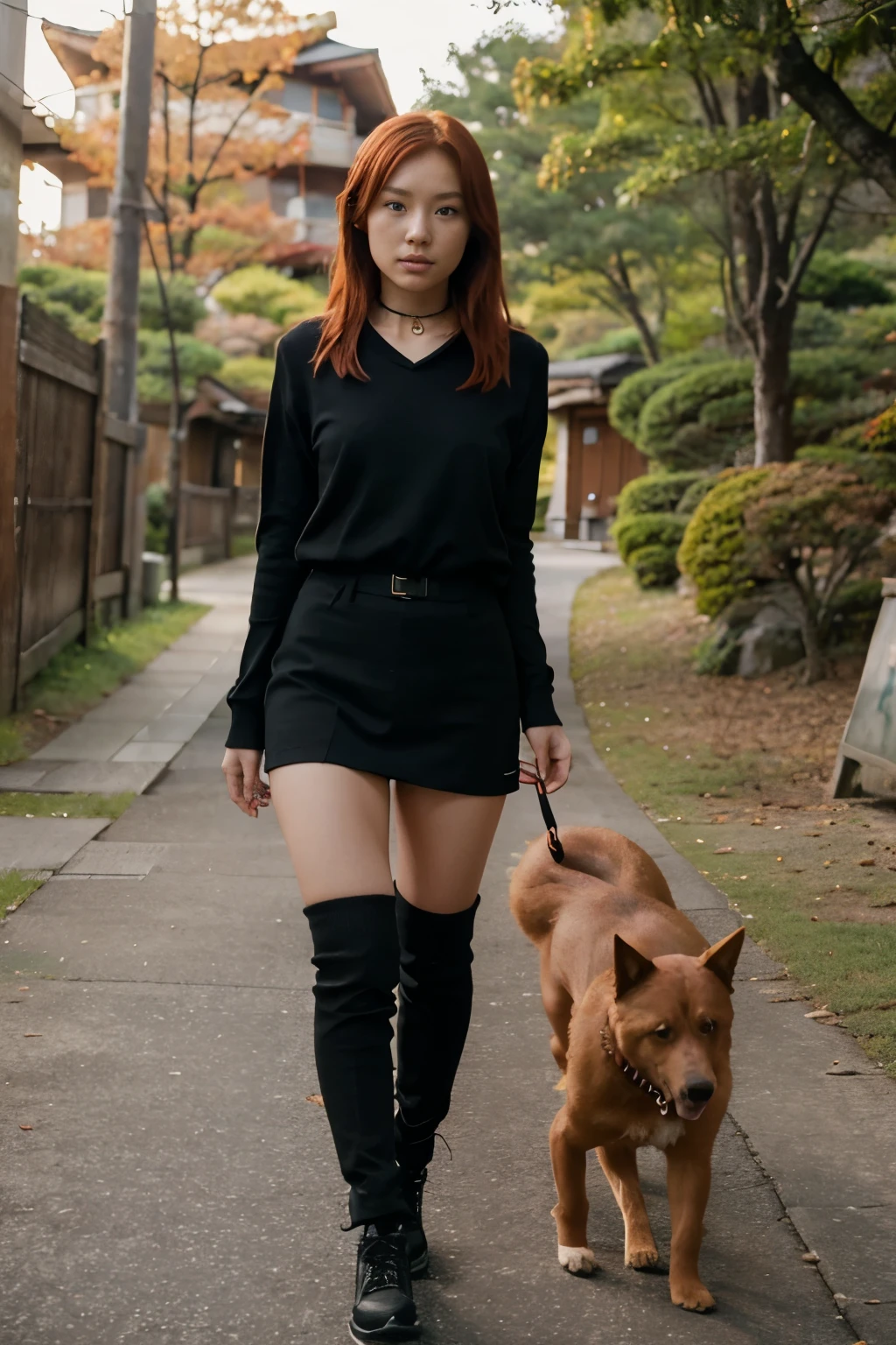 Sexy redhead nude japanese girl in a Girls world only walking exploration wearing only long sleeves with no shirt, high black over-the-knee socks and a dog collar