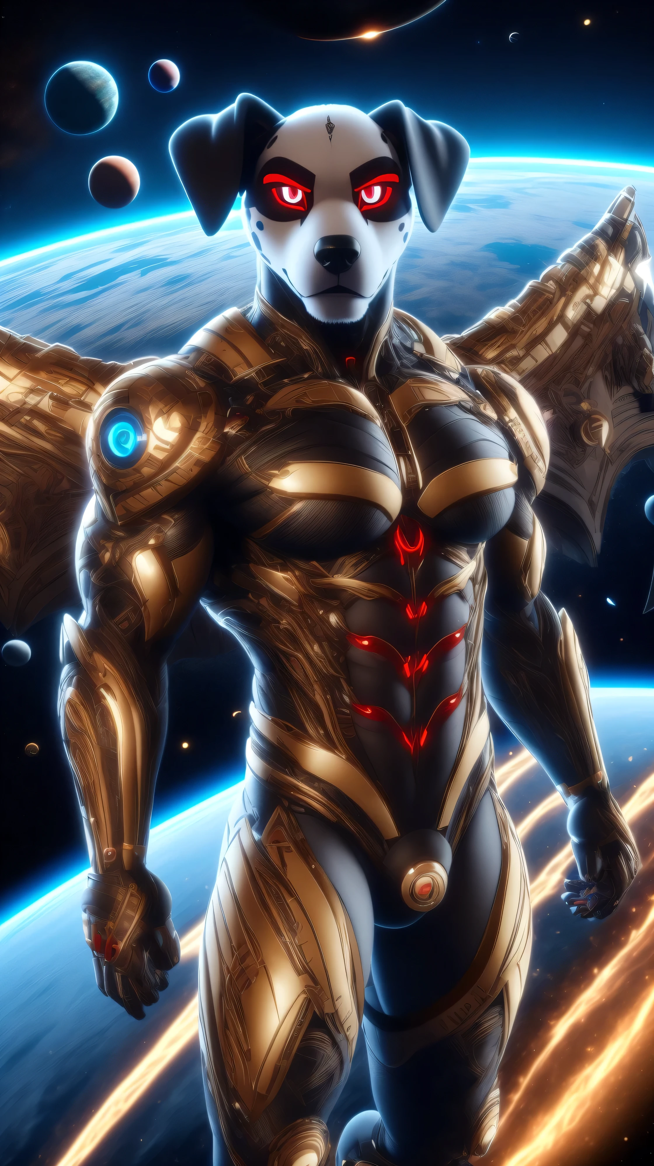 a legendary cyborg lord Dalmatian male digital flying over outer space a background with all the planets in the galaxy golden cyborg wings serious expression muscular sexy. 3D Unreal Engine 9