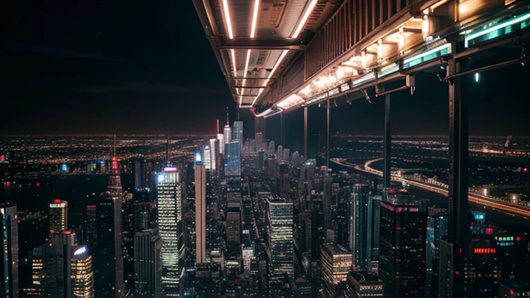 Describe the bustling metropolis of Metro City, its towering skyscrapers, neon lights, and crowded streets.