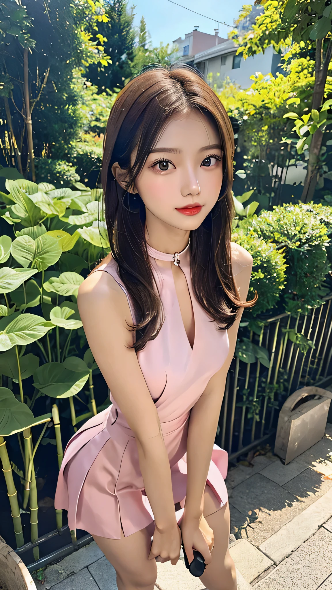 lady 1people,(full body figure:1.2),(nine heads and bodies:2.0), small butt,(thin thighs),(long and thin legs: 2.0),(Knees Stretch:2.0),stand with legs closed,(height 2/3 is the leg:2.0), (light cherry color pumps:1.2), (Tight casual dress made of light cherry color silk :1.3), light cherry color choker,Transparent white glossy skin, 25 years old, cute sexy little face, light red lips, parted lips, sexy face, sexy young woman, light brown straight hair, Asian eyes, Beautiful smile, Medium chest, slender body shape, tight waist, beautiful hands, thin shoulders, look at the audience, standing position, bamboo forest morning