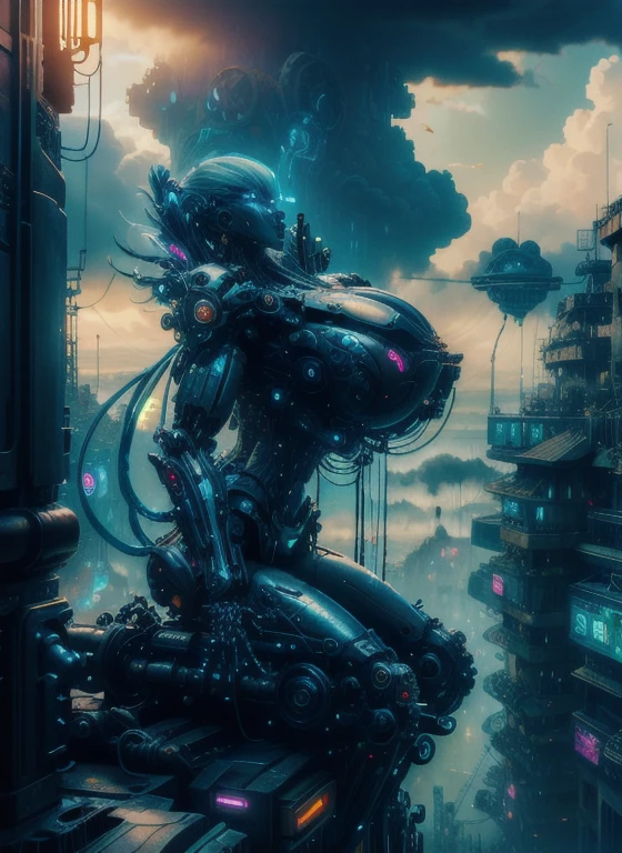 NSFW masterpiece，（best quality）Giant Cyberpunk Female Mechanical Titan，Marble prosthetic breast modified with giant mechanical structural modules，Mega Evolution Future Technology Titan，Apocalyptic cloudy sky and dilapidated underground city ruins at night，Jewelry-encrusted mechanical breast prosthesis，Marble cracked skin shell，Heavy exoskeleton fantasy technology evolution mecha，Dark fantasy art rendering，Standing on the smoky ruins，Dark swamp atmospheric fog special effects，