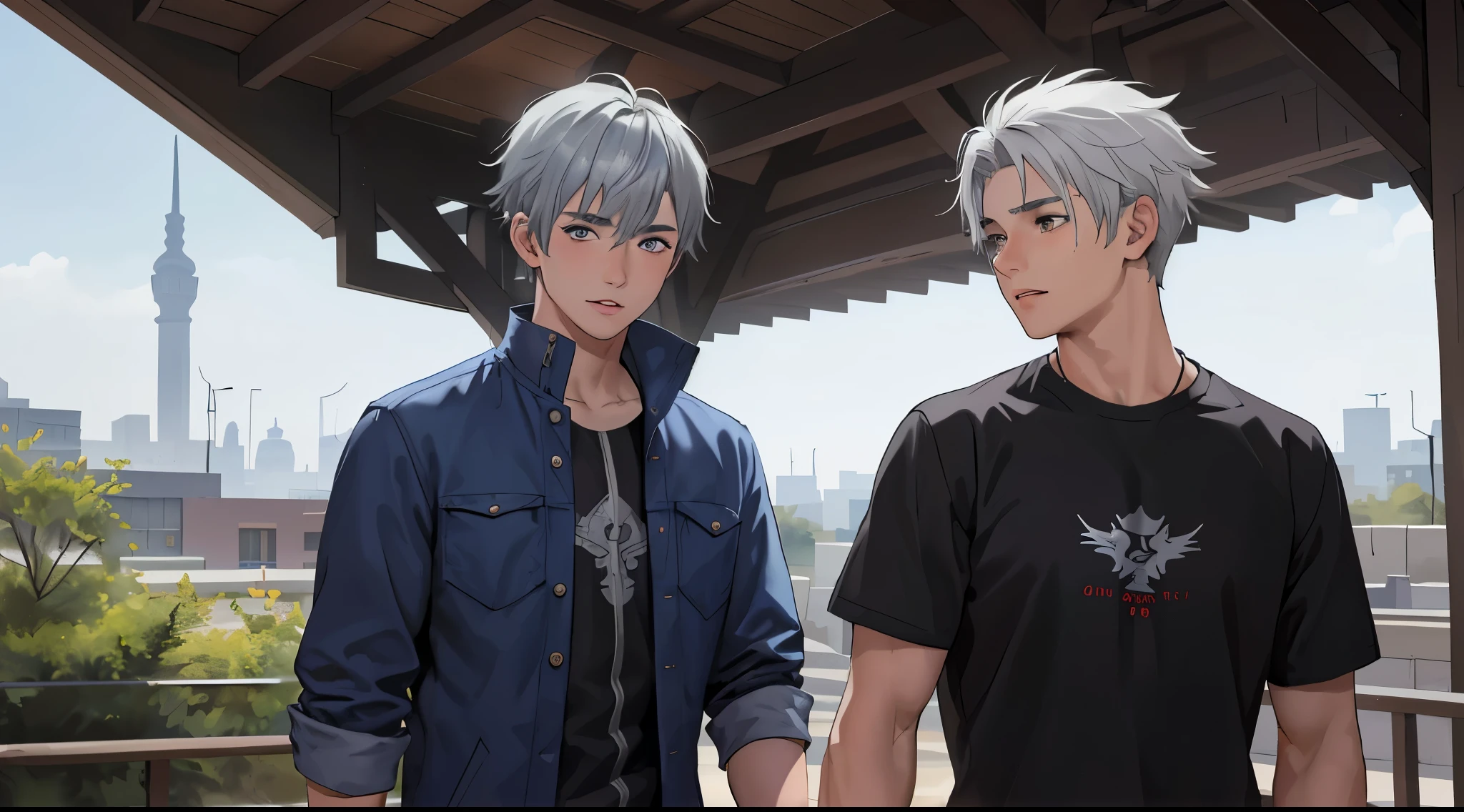 In the background there is a beautiful Arab city with a beach. There are two -yeld bowith gray hair.