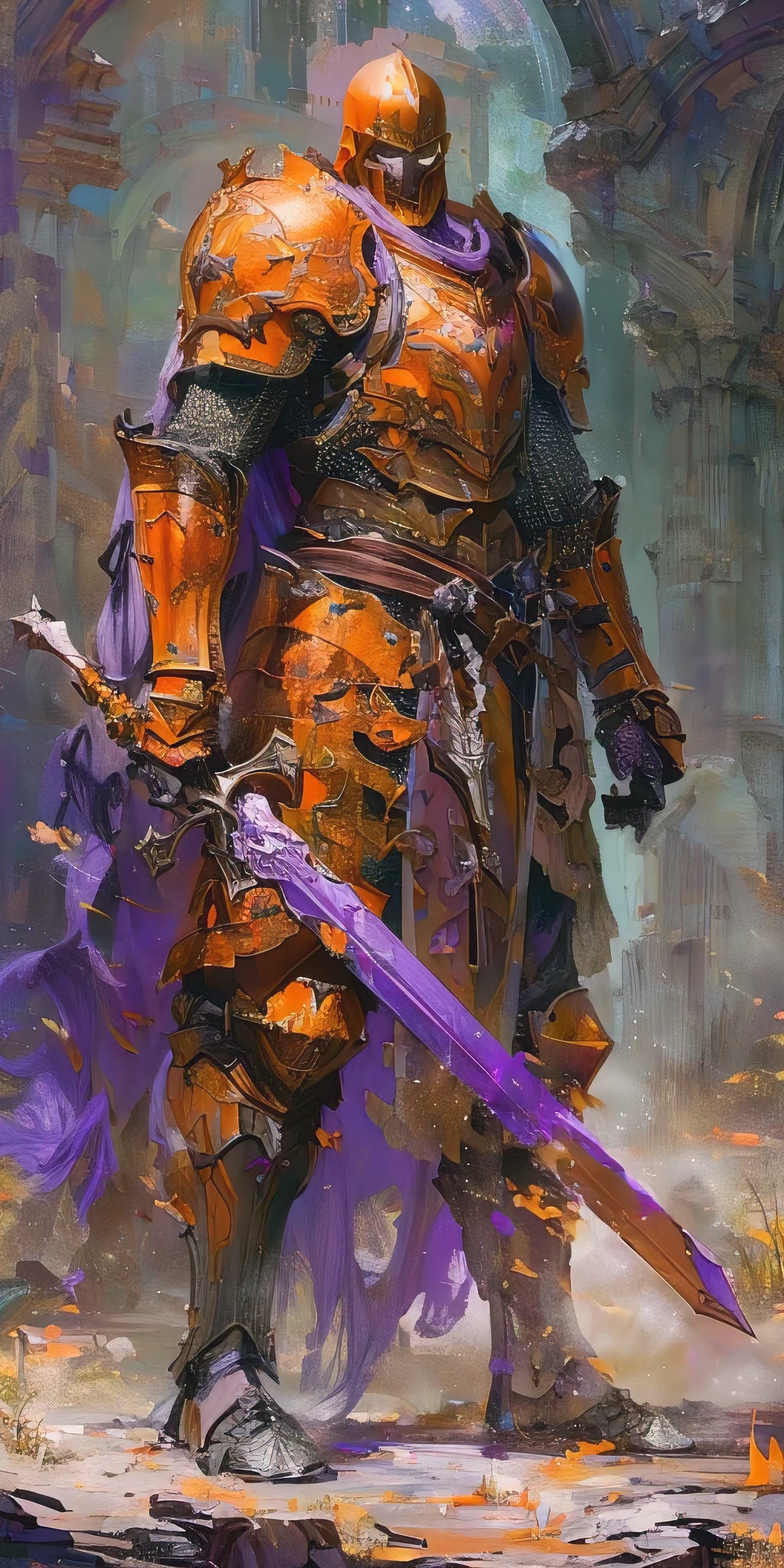 lost dnd villain, goliath, orange plate armor, purple magic, nostalgic long looking, dnd art, (best quality,4k,8k,highres,masterpiece:1.2),ultra-detailed,(realistic,photorealistic,photo-realistic:1.37),HDR,UHD,studio lighting,physically-based rendering,extreme detail description,professional,vivid colors,portraits,colorful lighting