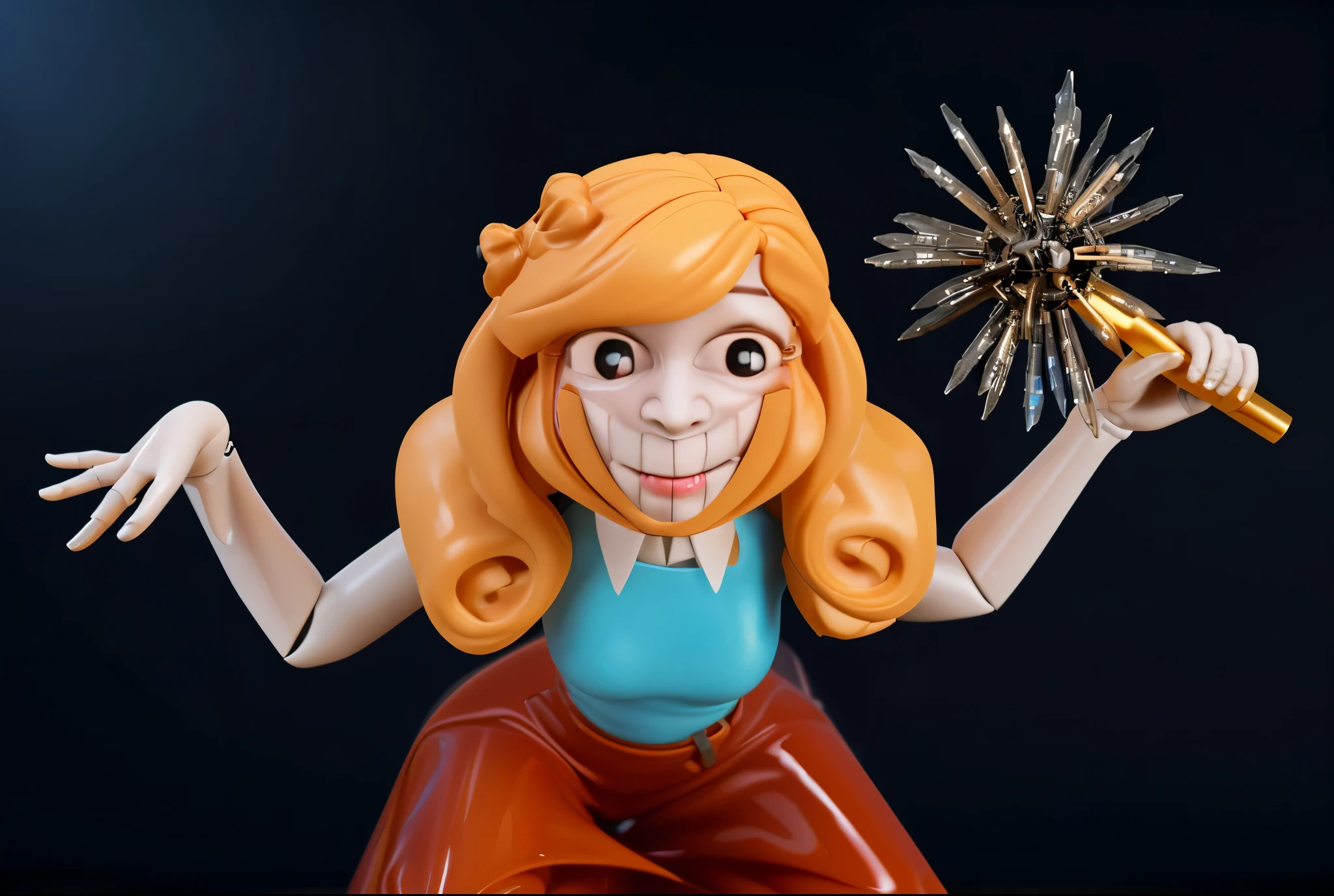cartoon doll girl with a mace in her hand, doll, game character, videogame character, creepy doll, large creepy smile, doll with creepy smile and red eyes, insane, she ia holding death star mace in hand, doll toy, glossy texture, smooth 3d model, multiple light sources, rim light, sharp post effects render, (glossy plastic texture with multiple big light probe refractions), perfect cgi, smooth silhouette, high intensity refraction, (super glossy material), most beautiful vfx, blue background, plastic refractions, realistic, 4k, high resolution, rim light, she is flying, she is laying on the floor