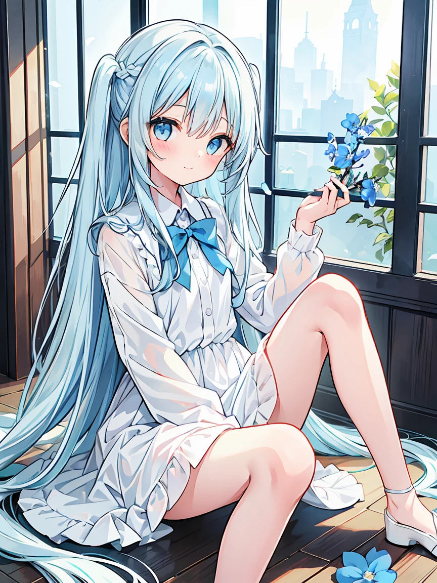 masterpiece, best quality, extremely detailed, (illustration, official art:1.1), 1 girl ,(((( light blue long hair)))), light blue hair, ,10 years old, long hair ((blush)) , cute face, big eyes, masterpiece, best quality,(((((a very delicate and beautiful girl))))),Amazing,beautiful detailed eyes,blunt bangs((((little delicate girl)))),tareme(true beautiful:1.2), sense of depth,dynamic angle,,,, affectionate smile, (true beautiful:1.2),,(tiny 1girl model:1.2),)(flat chest)),
Abandoned School, clear color, beautiful photo, watercolor,
(solo cute girl:1.3), (tilt head:1.2), clear blue eyes, (:o:0.7), (sitting with one knee up:1.3), cardigan, luminous glow, mystic atmosphere, depth of field, dynamic angle, light leaks, aerial effect, blue flowers, look into viewers, close up girl, upskirt,white pantie