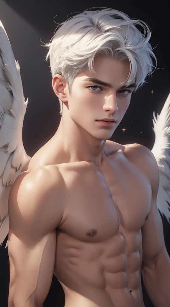 Full body photorealistic 4k, high resolution, best quality, masterpiece, perfect color, perfect shade, perfect lighting, Posted by e621, ((portrait)), ((handsome archangel man)), perfect male figure, Short hair details，chest muscles，abdominal muscles，Naked torso，Detailed face, perfect face, (stood up), Detailed background, ((Bonifasco Lighting)), (delicate eyes),(),white hair. With big bulgeness. With big wide massive sparkling wings.