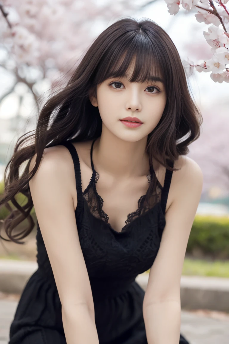(((masterpiece, highest quality, Super detailed))), 1 female, (((very thin body))) , (((length, thin legs))), (((black long curly hair, thick and fluffy bangs ))), (((highly detailed face))), cosmetics free, small and thin nose, small thin mouth, (((Very sharp focused eyes))), Japanese, beautiful face, (lifelike face), beautiful hairstyle, realistic eyes, fine and beautiful eyes, (real looking skin), beautiful skin, charm, ultra high resolution, surreal, high detail, golden ratio, (detail makeup:1.2),night, nightの公園,Weeping cherry,,Stylish clothing suggestions for women.:(Knitted Long Dress),cherry blossom background,Bokeh,dim lighting,shot from below