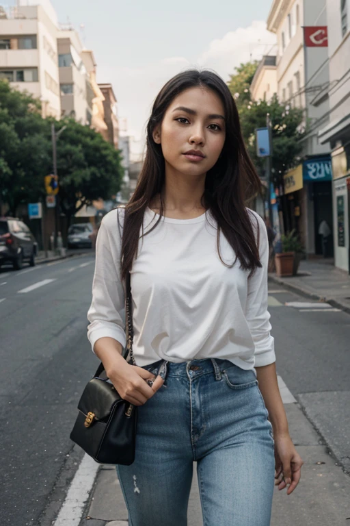 One woman of about 20 years old, black long hair, body measurement 36-25-36, height 5'7", medium breasts, Hazel eyes, wearing sunglasses, wearing jeans and shirt, Full Body full height Shooting, Masterpiece, mobile Photography, daylight, 8k, Top Quality, Fine Pore, Photorealistic, Ultra Detailed, (high skin detail:1.2),Extremely detailed,Intricate, sharp-focus, candid capture