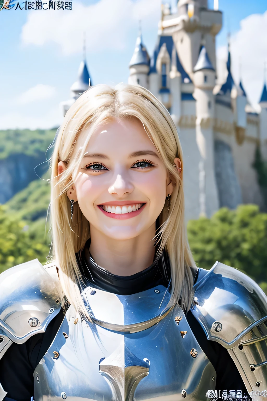 ８Ｋ、highest quality、female knight、The background is a castle、Luxurious Silver Armor、heavy equipment、smile、beautiful teeth、full body photo、ear piercing、white woman、blonde、blue eyes、Gummy Smile

