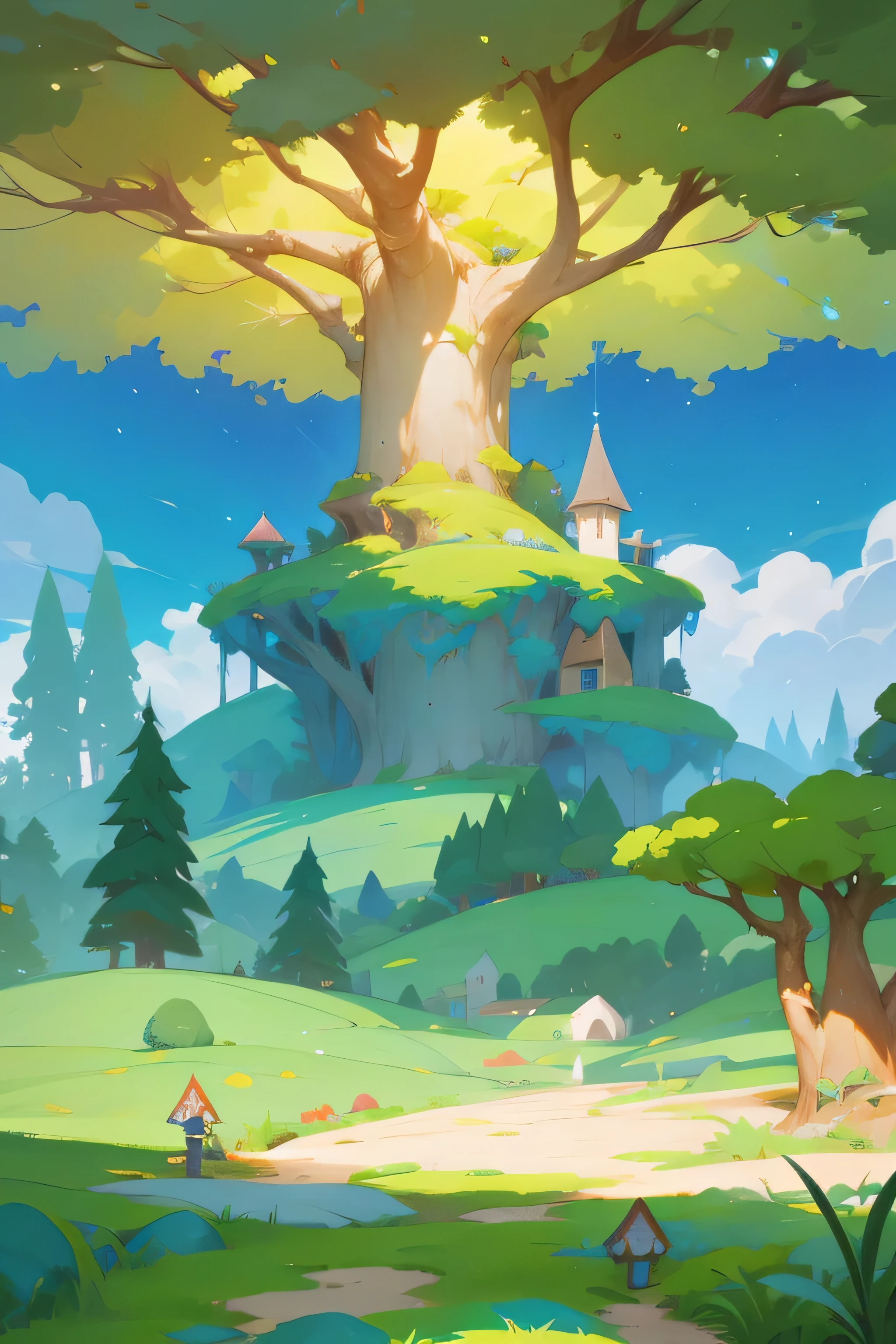 cartoon style painting of a tree with a green eye in a forest, background art, stylized concept art, made of tree and fantasy valley, painted as a game concept art, mobile game art, light kingdom backdrop, stylized game art, background artwork, mobile game background, elf forest background, fairy kingdom forest, childrens art in artstation, game concept art