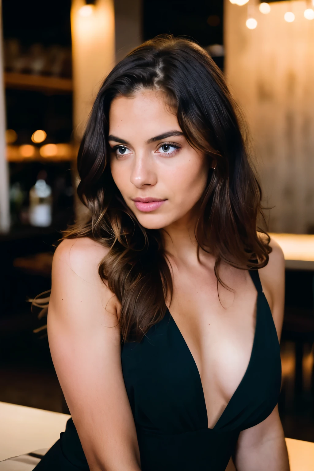 Beautiful brunette, long brown hair, wavy hair, wearing a low-cut black basket, front view (standing inside a modern restaurant at night), highly detailed, 20 years old, natural wavy hair, blue eyes, high resolution, masterpiece, excellent quality, complex details, extremely detailed, sharp focus, detailed skin, black skin, realistic skin texture, texture, detailed eyes, professional, 4K, Canon shooting, 85mm, shallow depth of field, Kodak color vision, perfect body, extremely detailed with beautiful curves, photo_\(ultra\), photo realistic, realistic, post processing, maximum detail, roughness, real life, ultra realistic, photorealism, photography, 8k uhd, photography (film grain) medium shot for filming atmospheric foreground dark lighting