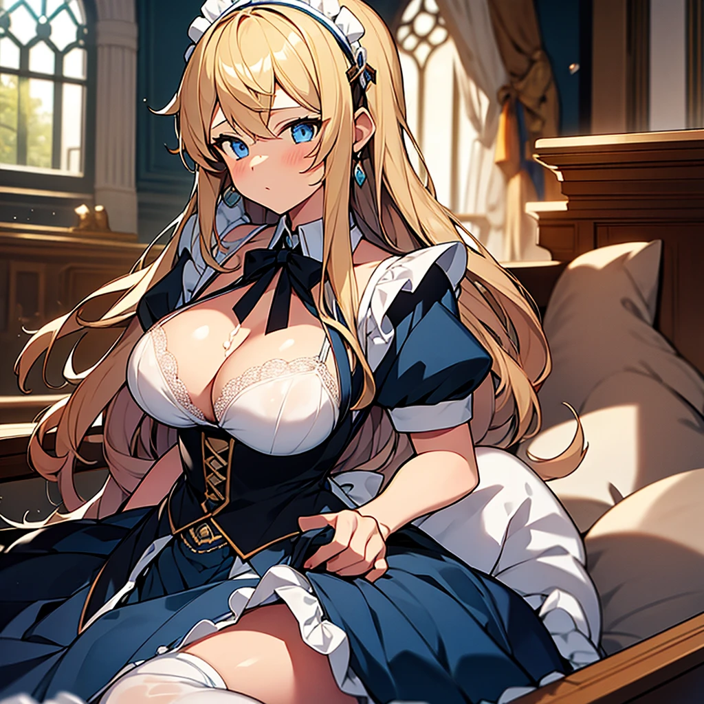 masterpiece, highest quality, one girl, long hair,blonde hair,blue eyes,Maid clothes,cleavage, white stockings, sitting, spread legs, cum on face, embarrassing, blush, Bedroom, touch crotch,take off bra,Sweat,