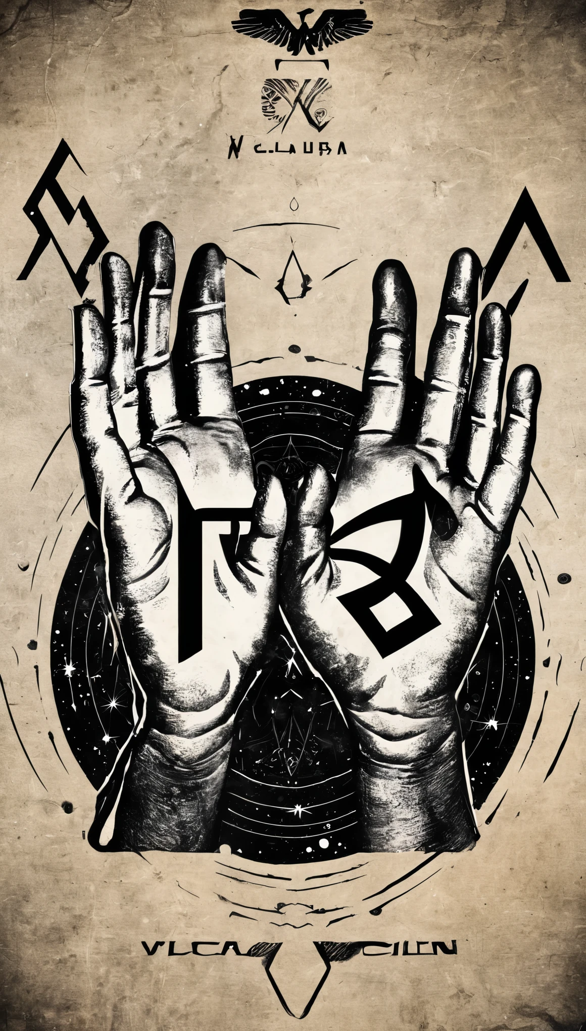 Place a hand with the Vulcan symbol in the middle.
Inside the Vulcan symbol, incorporate the serial killer zodiac symbol.