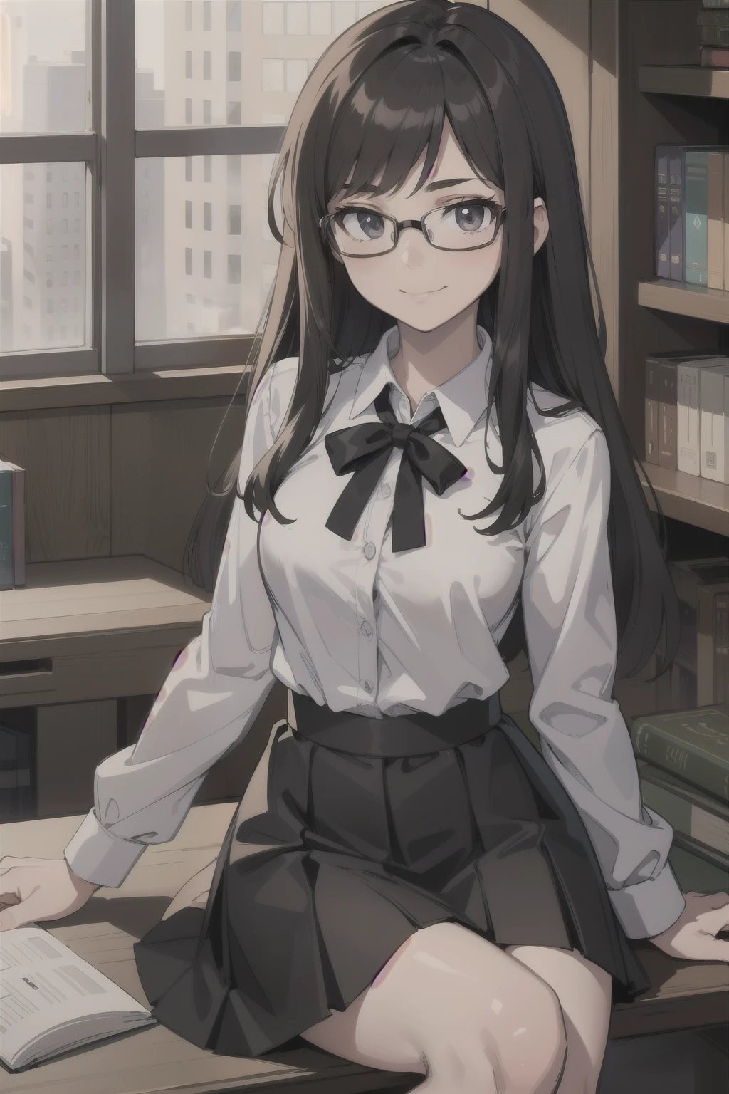 { masterpiece : best quality : high resolution : unity 8k wallpaper : illustration } { Background = library } { Nerd Teenager : long dark smart hair : glasses : perfect slender body : perfectly small shape breast : white collar shirt : black skirt : shy : shy smile : sitting : studying }