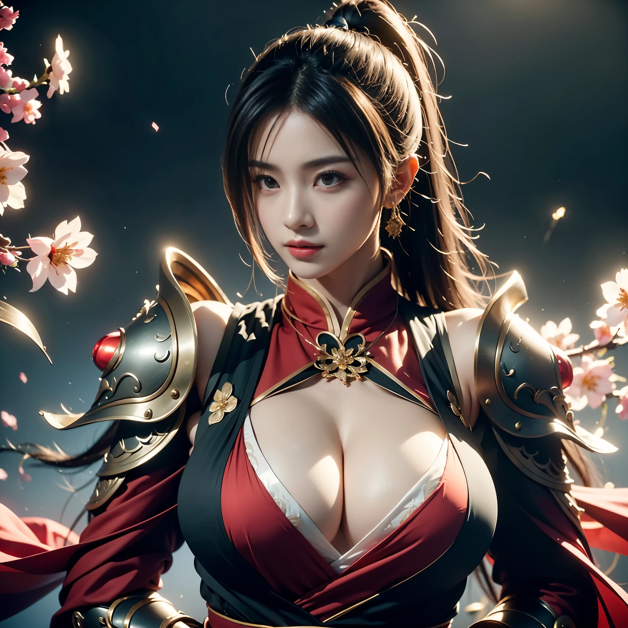 (((bust,big breasts,perfect hands))),Mai Shiranui,Dressed in gorgeous armor,Distinctive features;The picture combines modern and Japanese traditional art styles,Floating flames intertwined with cherry blossoms,Demonstrate mystery and power;Stunning visual effects,Contrasting colors,Mainly red and black,Passion and coldness intertwined;The picture is extremely sharp,The details are meticulous,High-quality;Clever light handling,Create a dramatic atmosphere;Master of brushstrokes,Impeccable professionalism,An unforgettable work of art。((dhevv:armor:resilient,))
