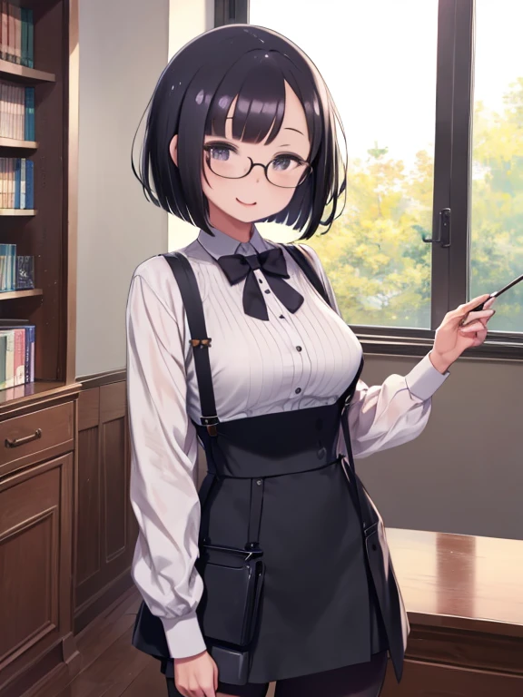 masterpiece, highest quality、Medium wide shot、cowboy shot、 1 Mature busty woman、black haired woman、asymmetrical bangs、wavy hair、bob hair、white shirt、(high waist jumper skirt、suspenders)、black stockings、Glasses、laughing、looking at the viewer、library、
