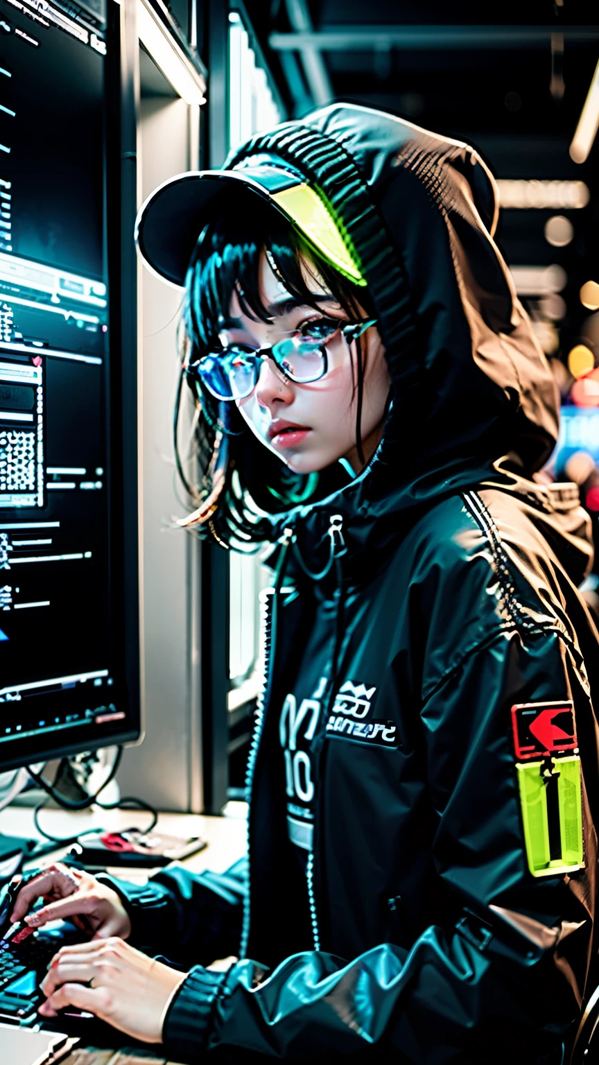 cyberpunk hacker acting out code guerrilla warfare scene.,I recommend using the following color combinations: Primary colors:Dark purple or dark blue。These colors can create a dark atmosphere.,In the spirit of cyberpunk。 Accent color:Fluorescent Green。Fluorescent Green is a common color in hacker culture,This may highlight the technical ability and vitality of teenhackers.。 secondary color:Bright blue。Bright blue can give a sense of technology and calmness,Suitable for highlighting code and technical elements.。 Background color:Dark gray or black。These colors can create a sense of mystery and tension during hacking activities..。 This color combination can create a cyberpunk hacking scene.,Highlight the technical ability and calm, reserved vibe of a teenage er.(8k realism)