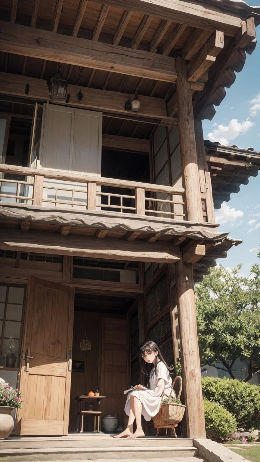 ((最high quality, 8K, masterpiece: 1.3, Ultra HD, high quality, 最high quality, High resolution, realism)) 、A stunningly beautiful 22-year-old Japanese woman、hair color is black、black eye、medium hair、straight hair、smile、Slender but well-proportioned muscular body、Athlete-like body type、I don&#39;t want my head to disappear from the screen.、Wearing red nail polish、I have a peticure、Sitting on the veranda of a Japanese house in the Japanese countryside、It&#39;s summer、A wind chime is hung in front of the eaves.、barefoot、There is a basket filled with tomatoes, carrots and other vegetables on the veranda.、The basket is made of woven bamboo strips、A courtyard spreads out in front of the verandah.、There is a well with a hand pump in the courtyard.、wear a yukata