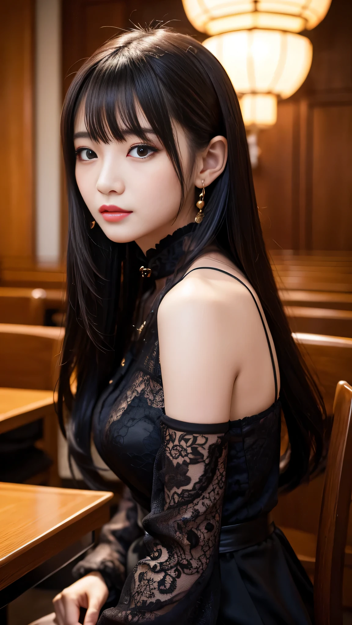 tra-detailed、Japanese、attractive beauty、seductive adult woman、pretty woman、piercing eyes、cool girl、wavy hair、swept bangs、Long Black and Gold Cheongsam、wide sleeves、Evil cadres、evil depravity、brainwash、mind control、lipstick、lip gloss、dark makeup、smirk、whisper in your ear、Evil expression、evil、hollow eyes,half-closed eyes、empty eyes、evil、church at night、vampire、succubus、vampire、Swear allegiance、stand