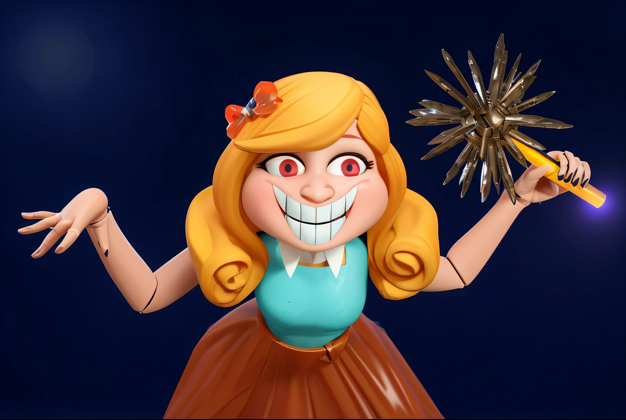 cartoon doll girl with a mace in her hand, doll, game character, videogame character, creepy doll, large creepy smile, doll with creepy smile and red eyes, insane, she ia holding death star mace in hand, doll toy, glossy texture, smooth 3d model, multiple light sources, rim light, sharp post effects render, (glossy plastic texture with multiple big light probe refractions), perfect cgi, smooth silhouette, high intensity refraction, (super glossy material), most beautiful vfx, blue background, plastic refractions, realistic, 4k, high resolution, rim light, she is flying, she is laying on the floor