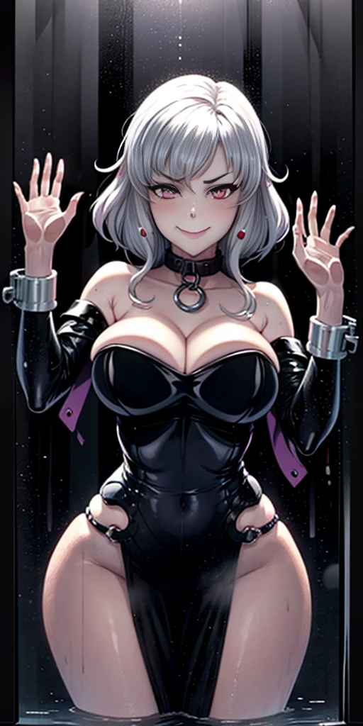 1990s style, dark fantasy anime illustration of a (mature MILF BIMBO Dark Elf with grey skin and short white hair), (UPPER BODY) perfect face, wearing tight leather stealth armor, stalking her victim at DAYLIGHT, ambient light, dark and moody, retro style, BIG KNOCKERS CLEAVAGE, lustful smirking smile red blush red cheeks, chain leash, kneeling, shackles, leather black collar slave, ((BLACK background)) hands on glass breasts on glass ass on glass window fog water drop, 5 fingers each hand, handcuffs 
