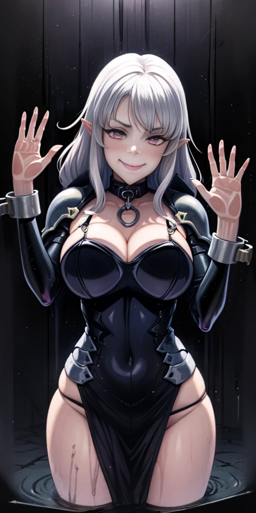 1990s style, dark fantasy anime illustration of a (mature MILF BIMBO Dark Elf with grey skin and short white hair), (UPPER BODY) perfect face, wearing tight leather stealth armor, stalking her victim at DAYLIGHT, ambient light, dark and moody, retro style, BIG KNOCKERS CLEAVAGE, lustful smirking smile red blush red cheeks, chain leash, kneeling, shackles, leather black collar slave, ((BLACK background)) hands on glass breasts on glass ass on glass window fog water drop, 5 fingers each hand, handcuffs 