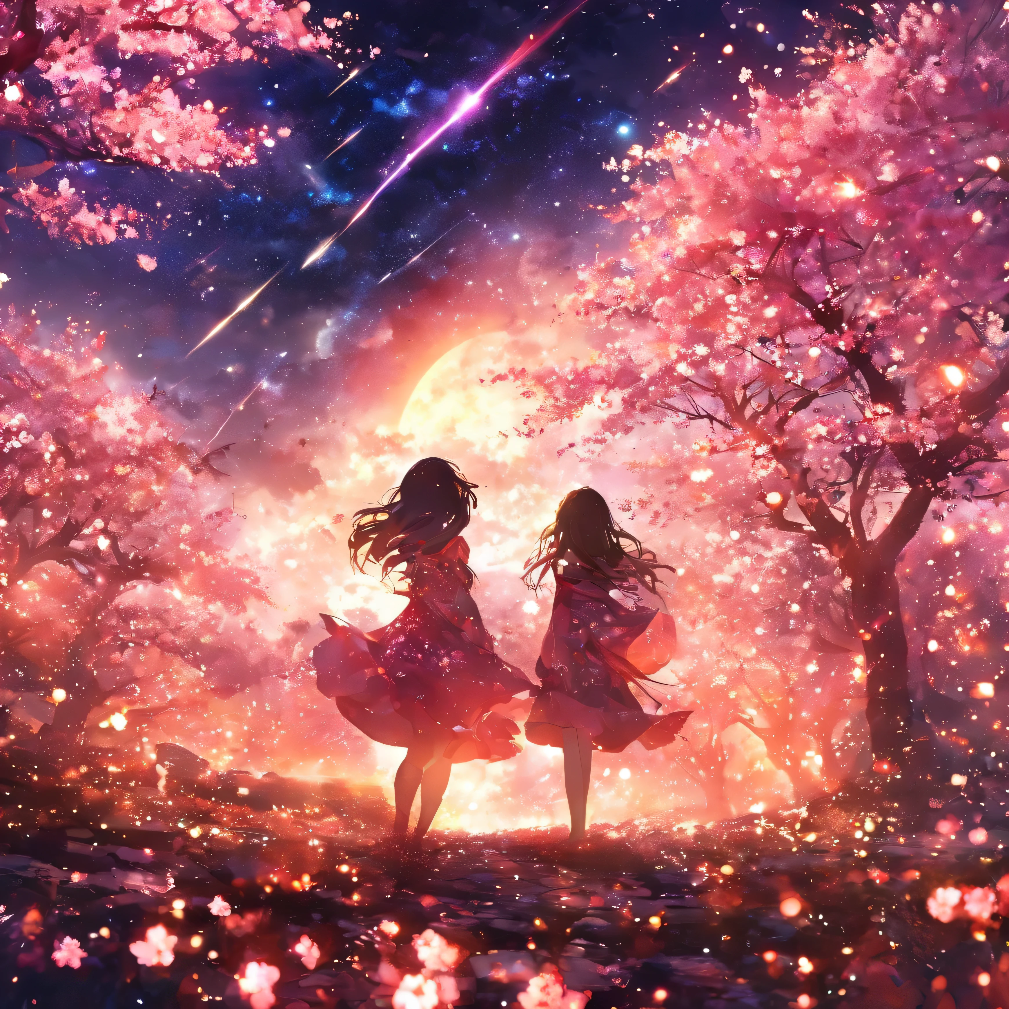 masterpiece, concept art, panoramic, In the center, digit, Wide-angle lens, garden, night, (meteor), space galaxy background, (magnificent composition, epic proportions), dynamic lighting, bright colors, Cherry blossoms,1 girl,Short-lived